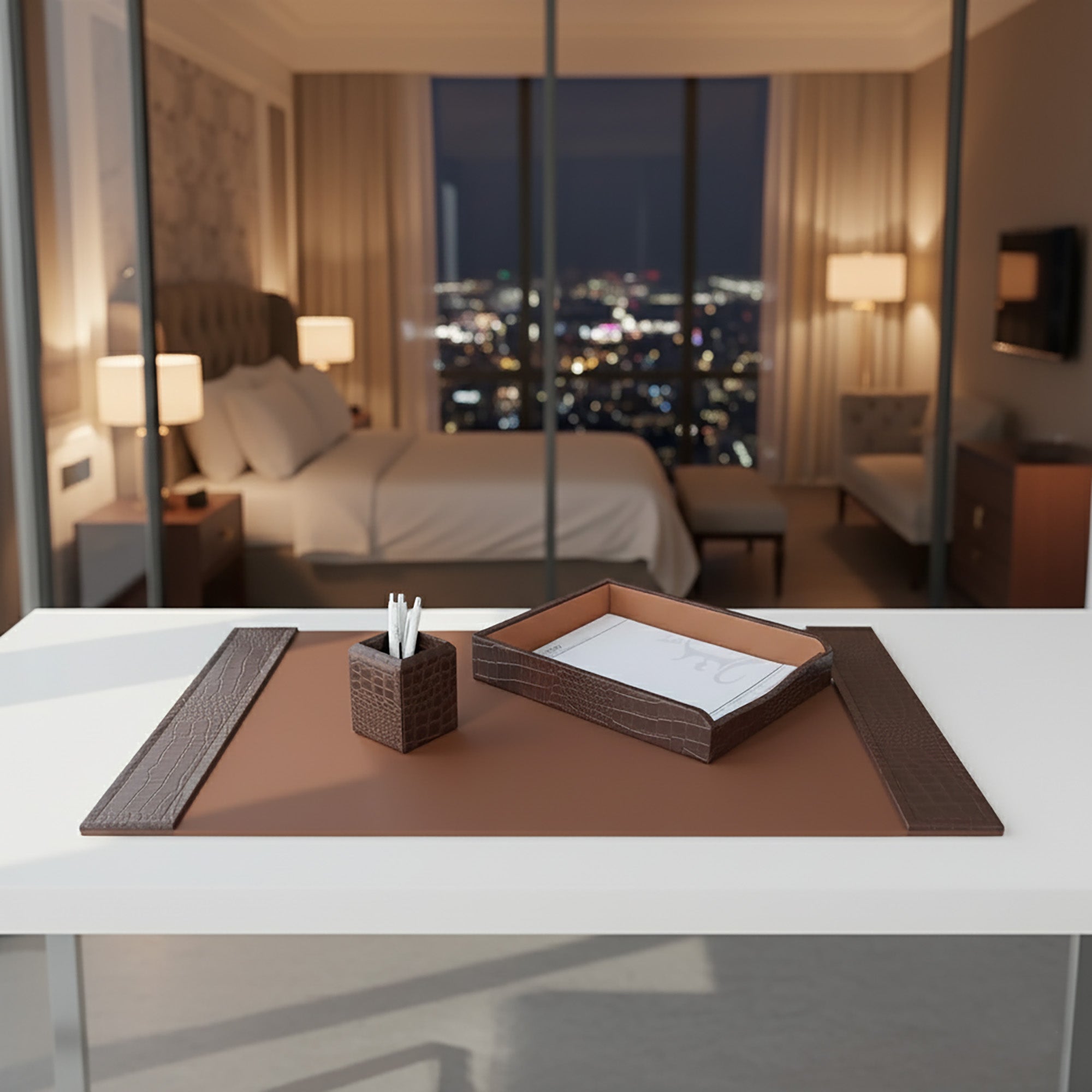 Brown Crocodile Embossed Leather Desk Set, 3pc