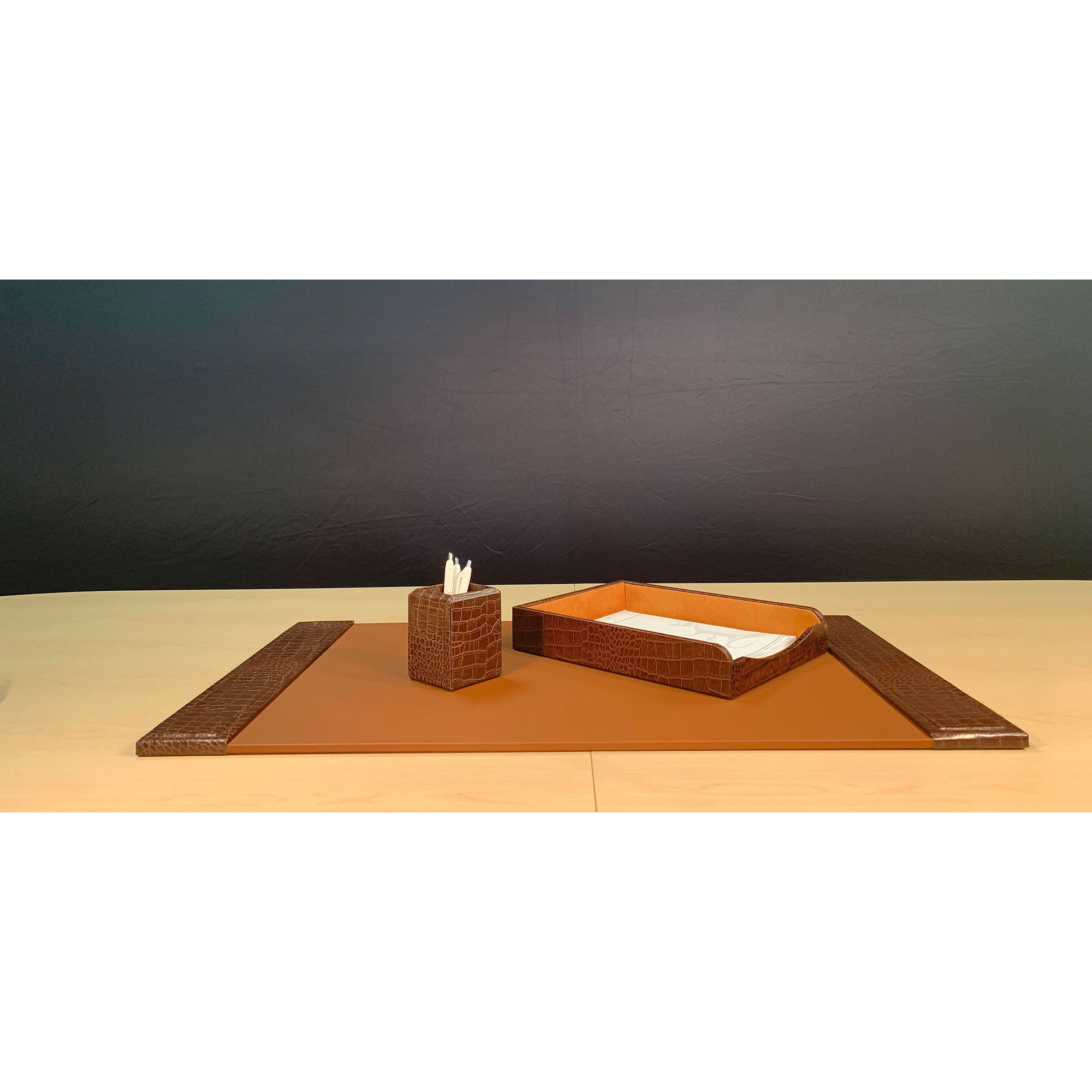 Brown Crocodile Embossed Leather Desk Set, 3pc