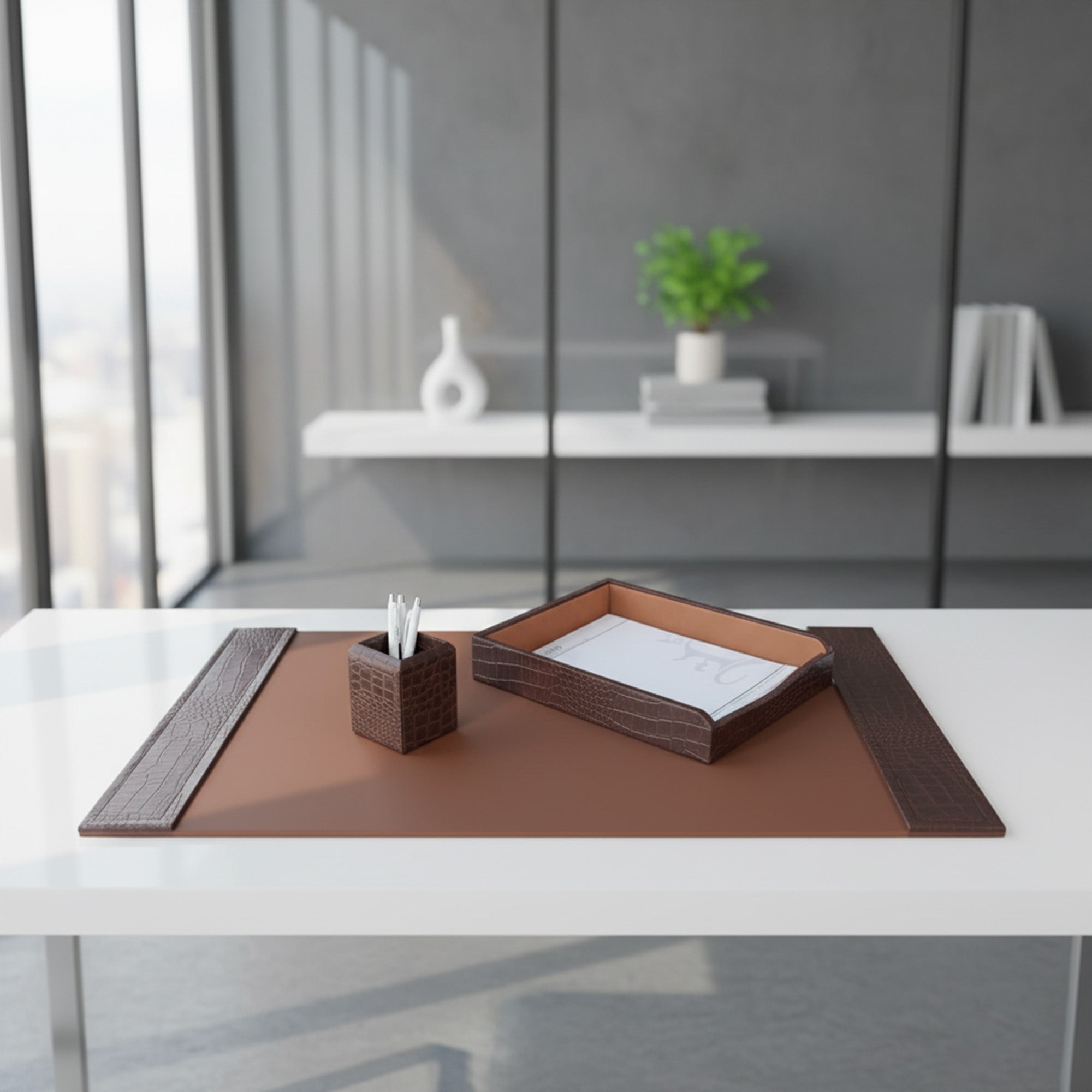 Brown Crocodile Embossed Leather Desk Set, 3pc