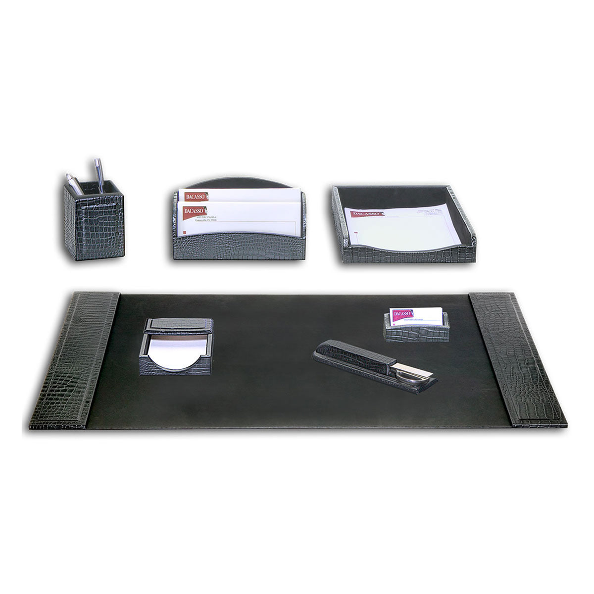Black Crocodile Embossed Leather Desk Set, 7pc