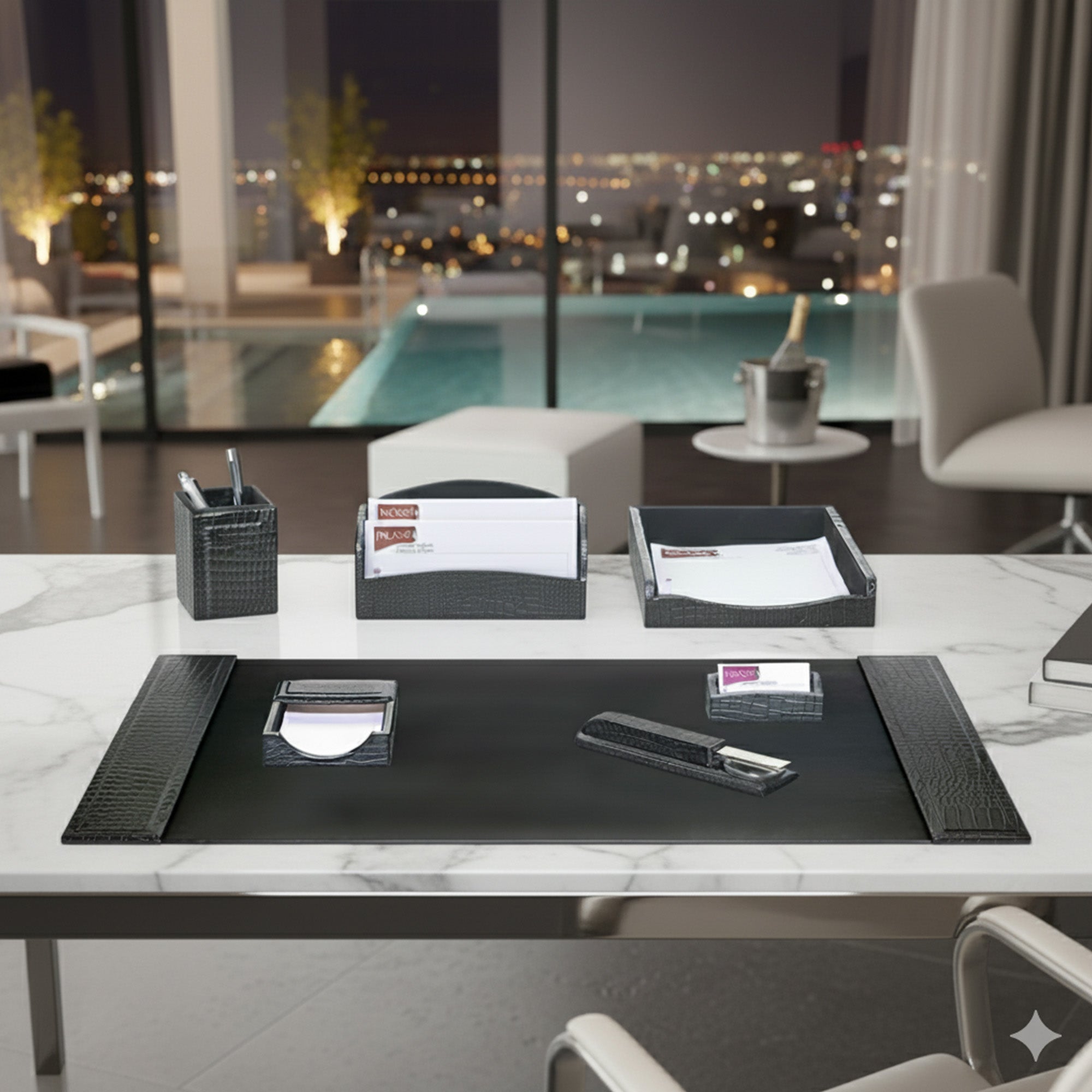 Black Crocodile Embossed Leather Desk Set, 7pc