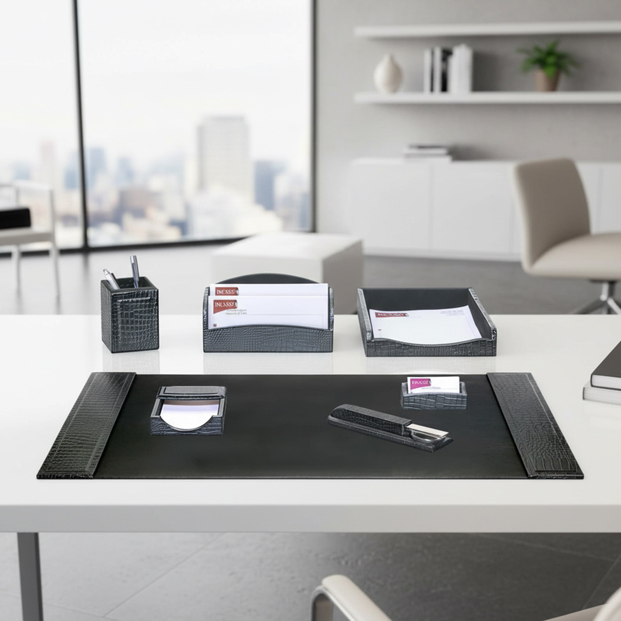Black Crocodile Embossed Leather Desk Set, 7pc