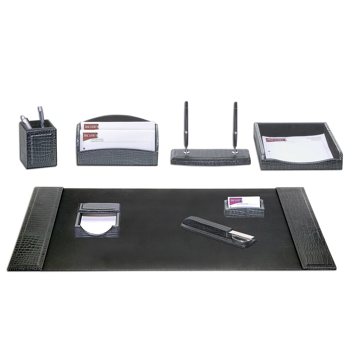 Black Crocodile Embossed Leather Desk Set, 8pc