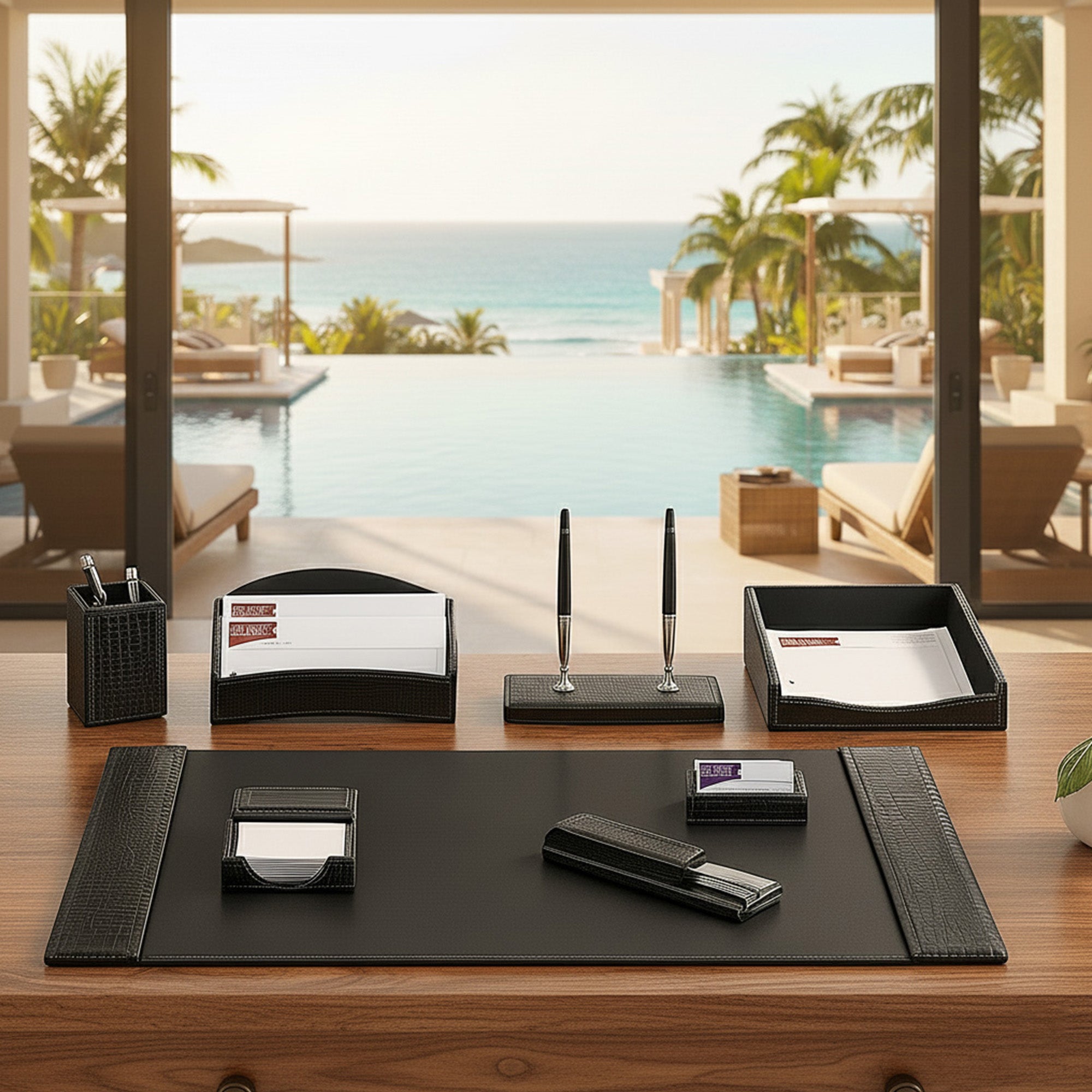 Black Crocodile Embossed Leather Desk Set, 8pc