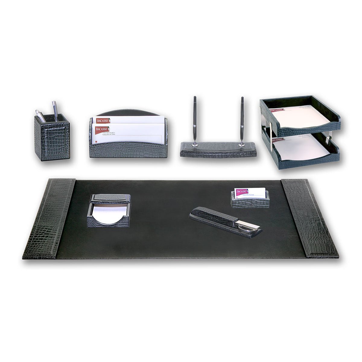 Black Crocodile Embossed Leather Desk Set, 10pc