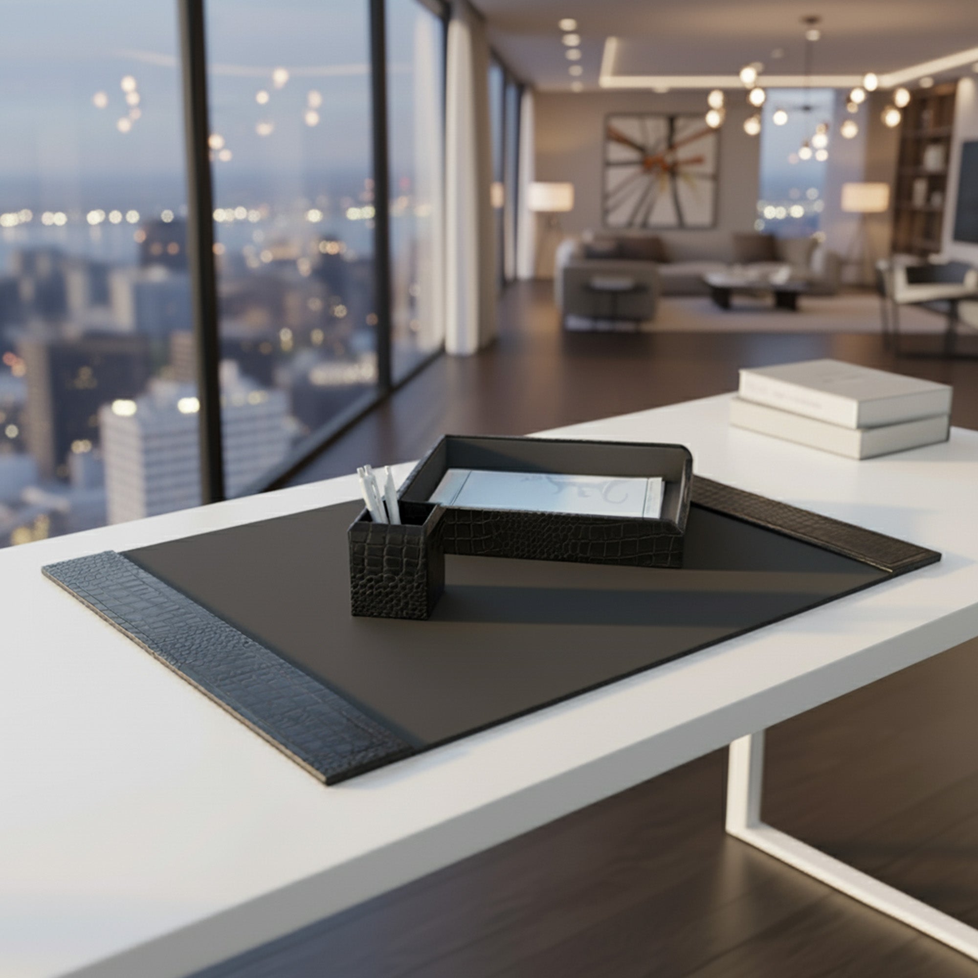 Black Crocodile Embossed Leather Desk Set, 3pc