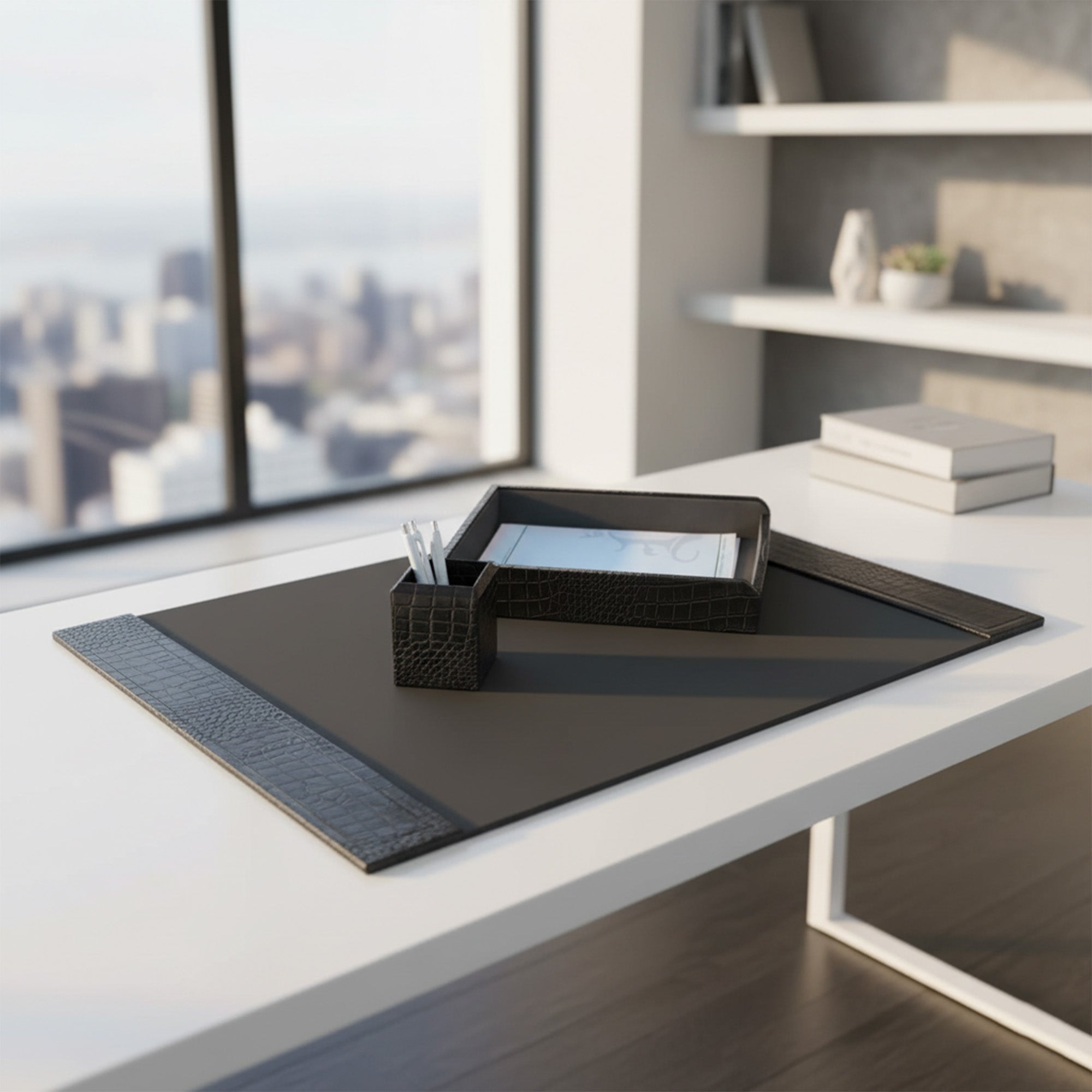 Black Crocodile Embossed Leather Desk Set, 3pc