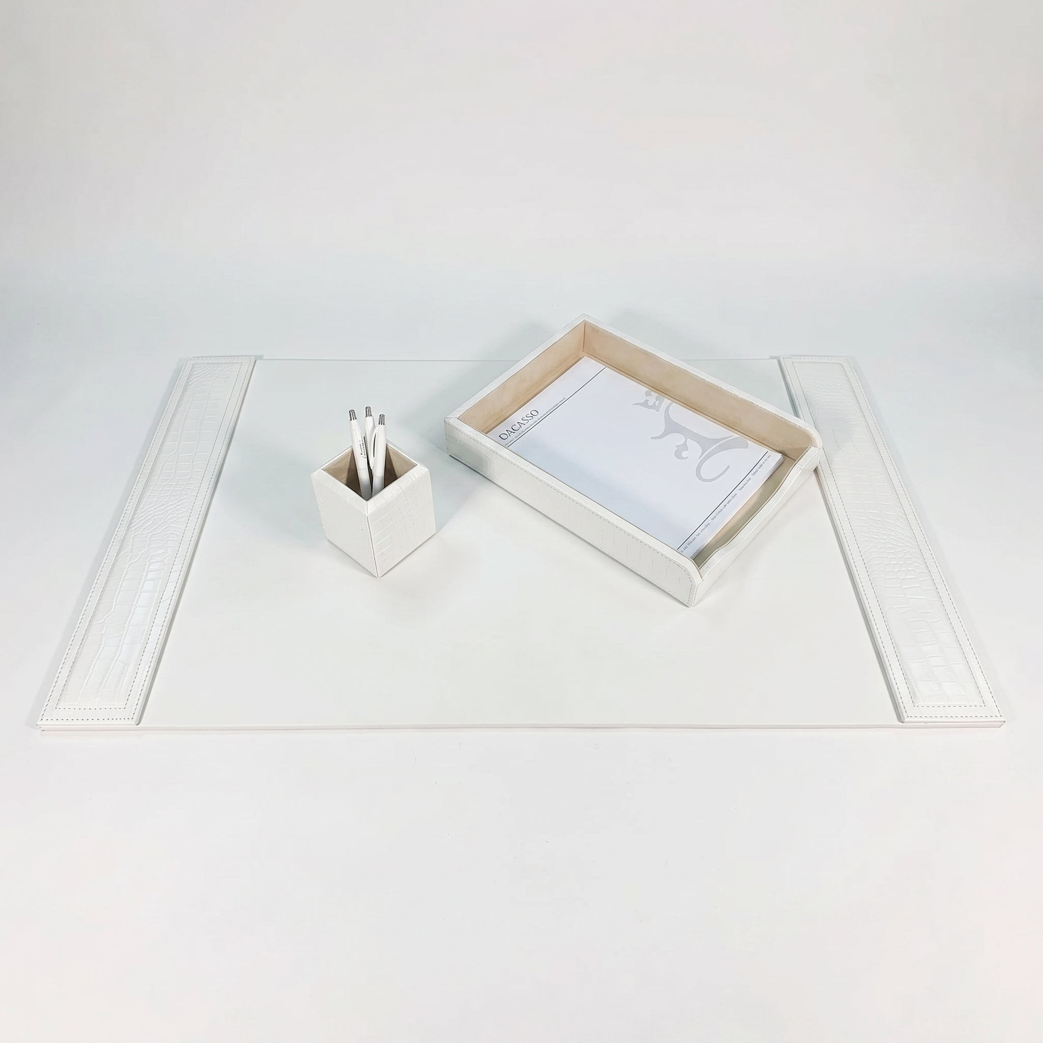 White Crocodile Embossed Leather 3-Piece Desk Set