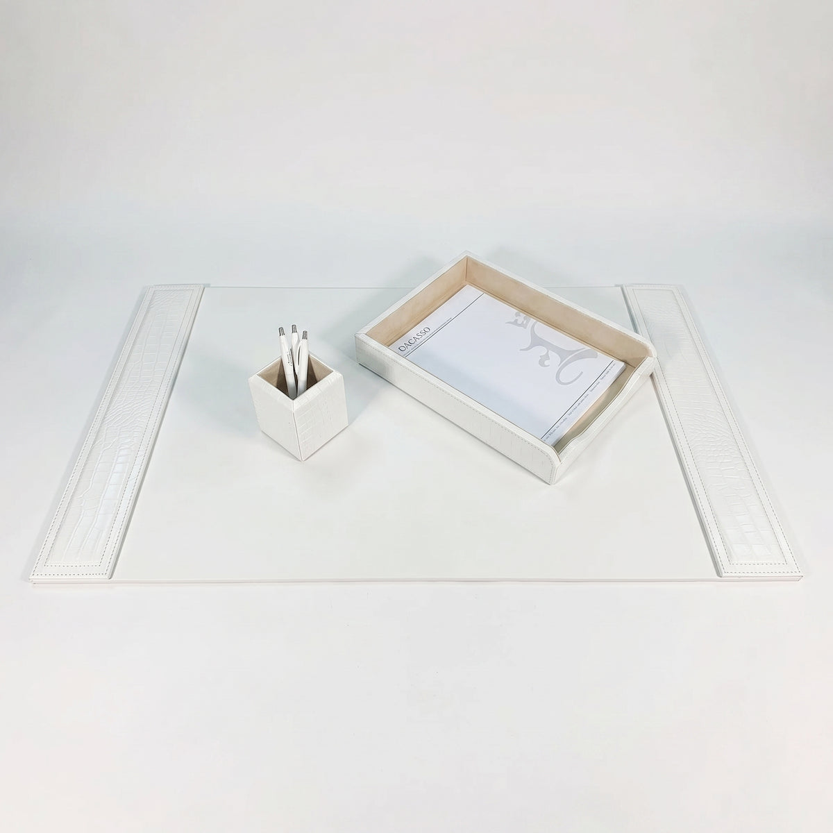 White Crocodile Embossed Leather 3-Piece Desk Set