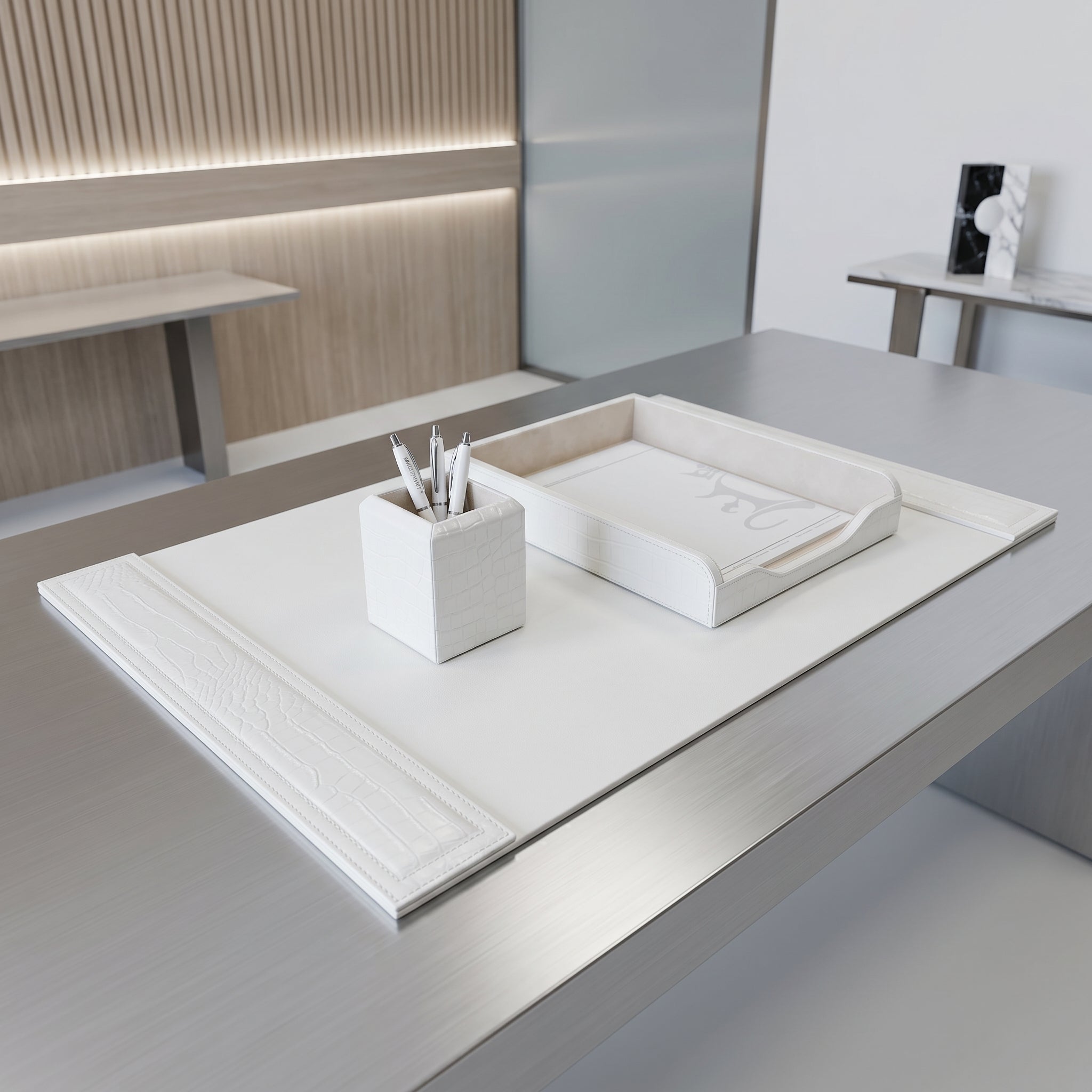White Crocodile Embossed Leather 3-Piece Desk Set