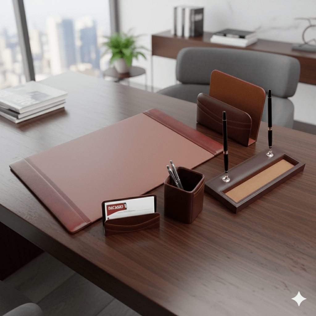 Saddle Brown Leather Desk Set, 5pc