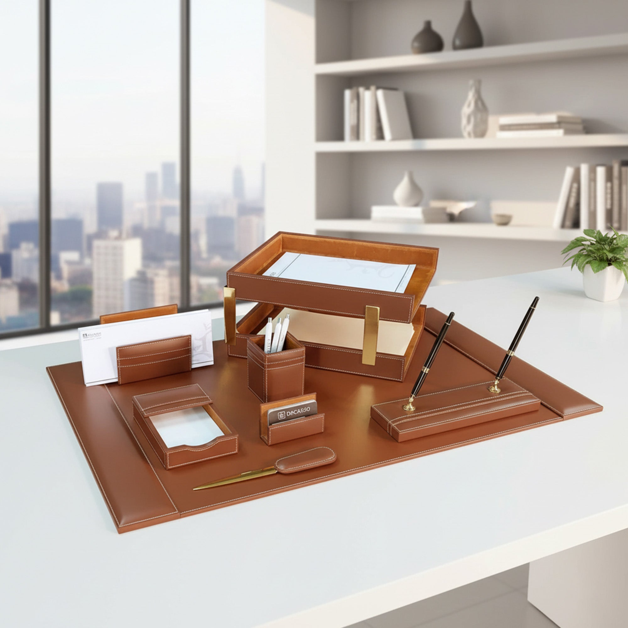 Rustic (Sienna) Brown Leather Desk Set, 10pc