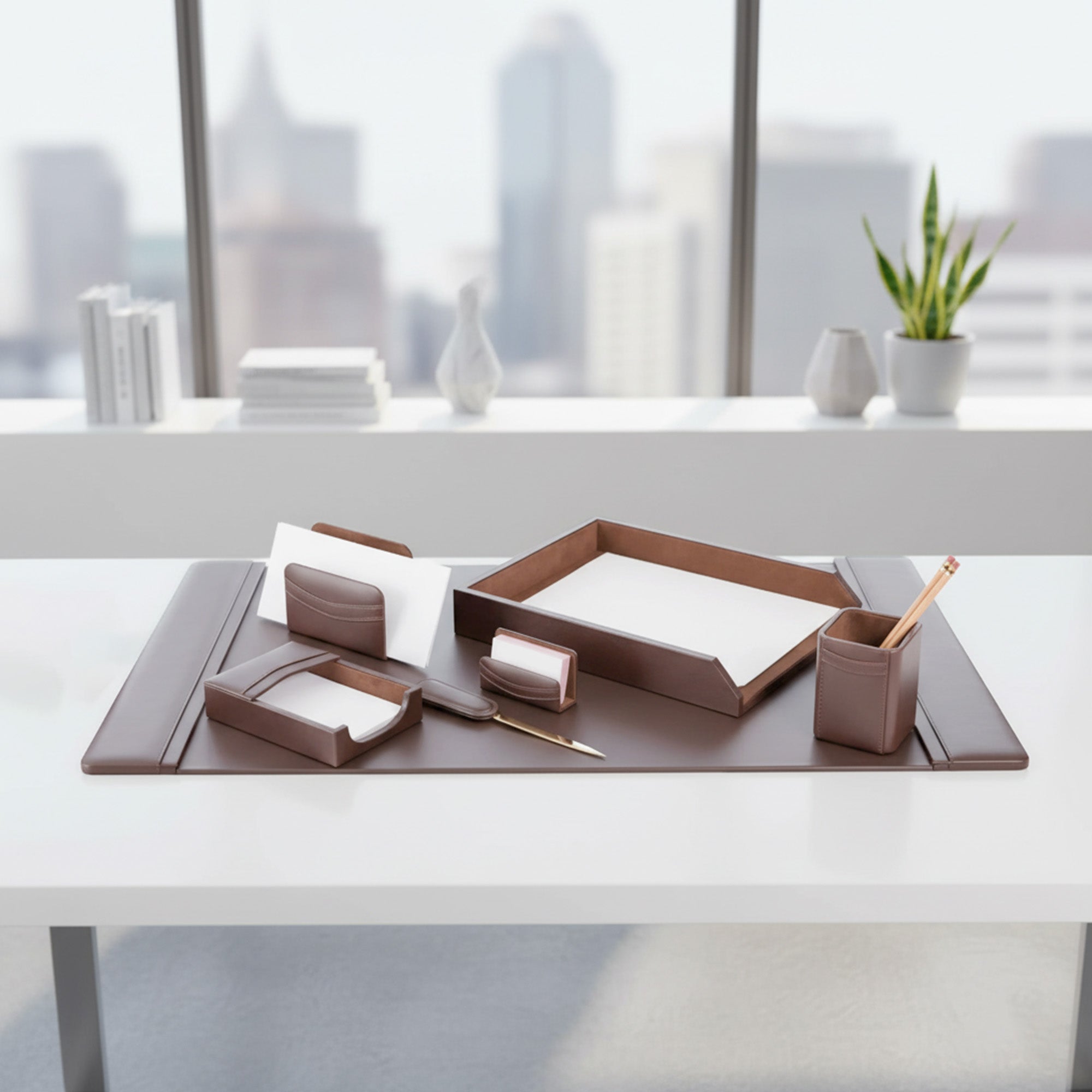 Chocolate Brown Leather Desk Set, 7pc