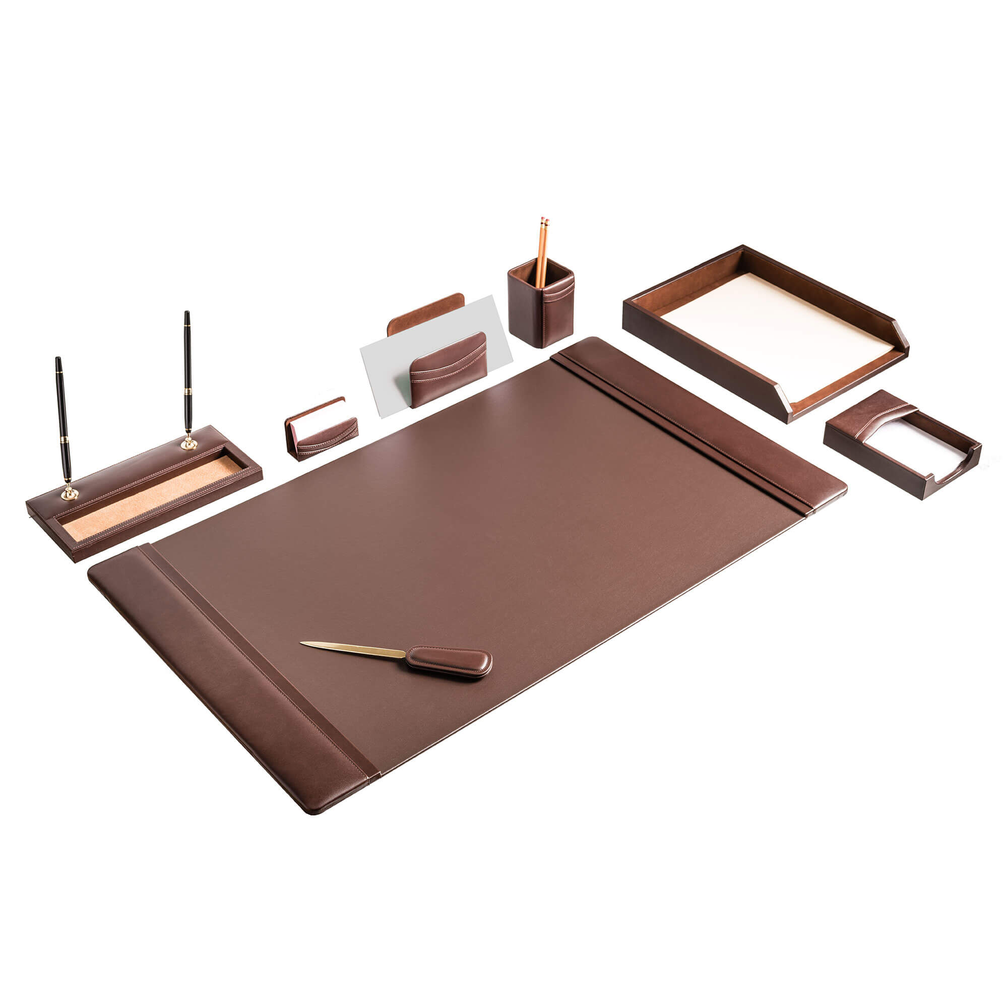 Chocolate Brown Leather Desk Set, 8pc