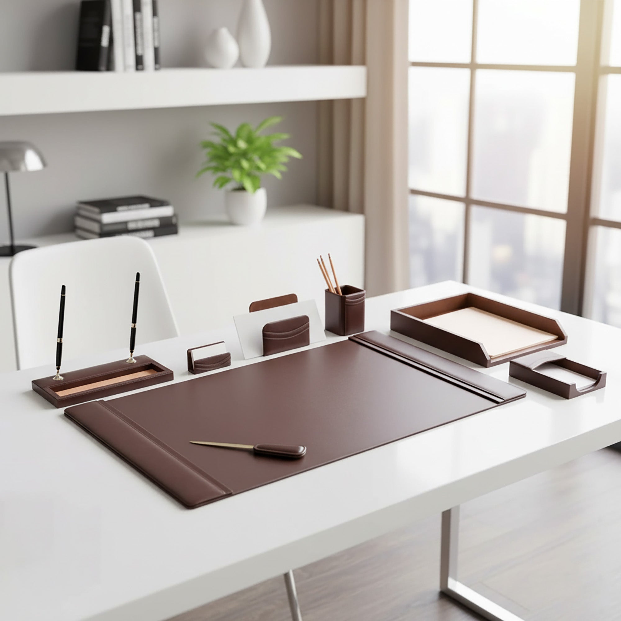 Chocolate Brown Leather Desk Set, 8pc