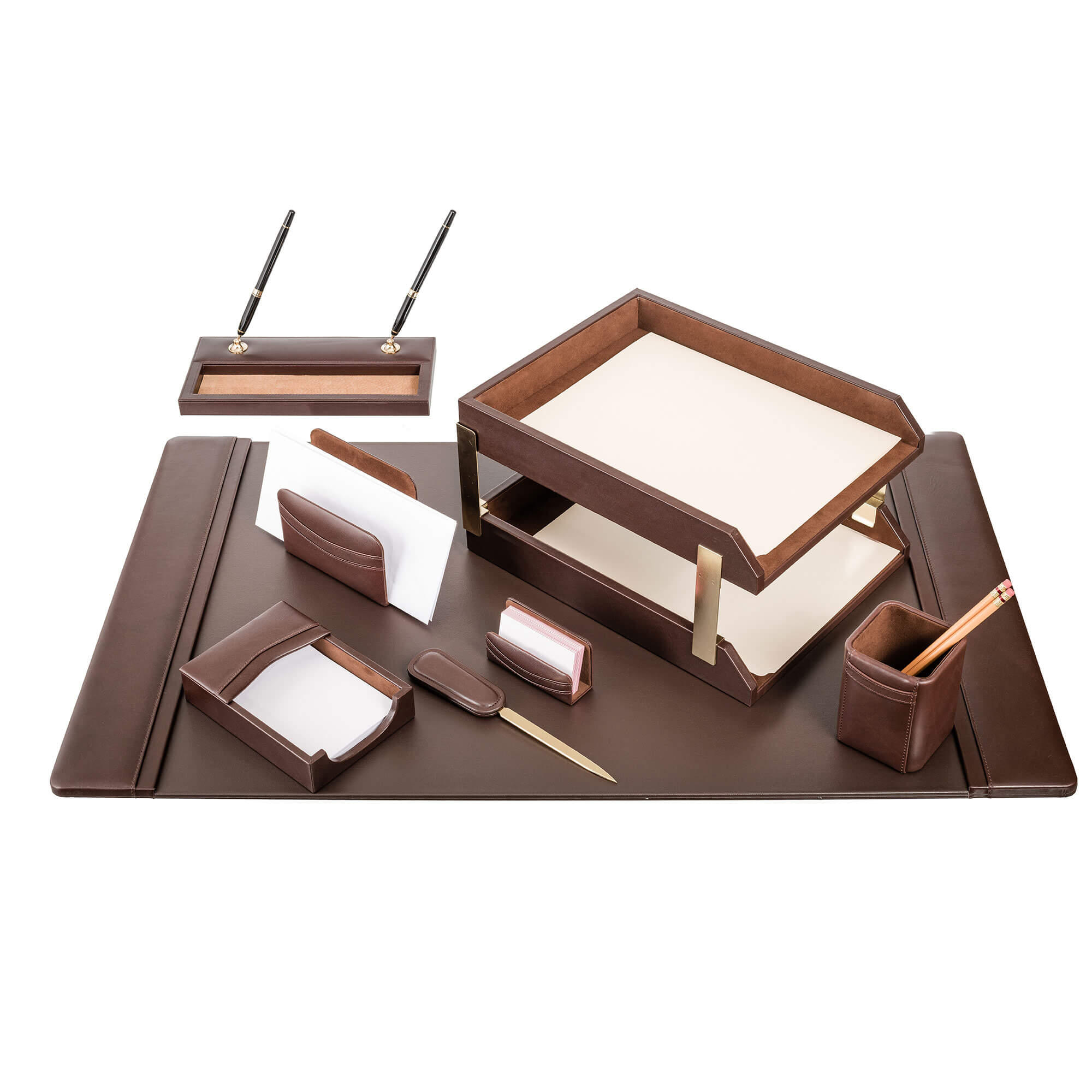 Chocolate Brown Leather Desk Set, 10pc