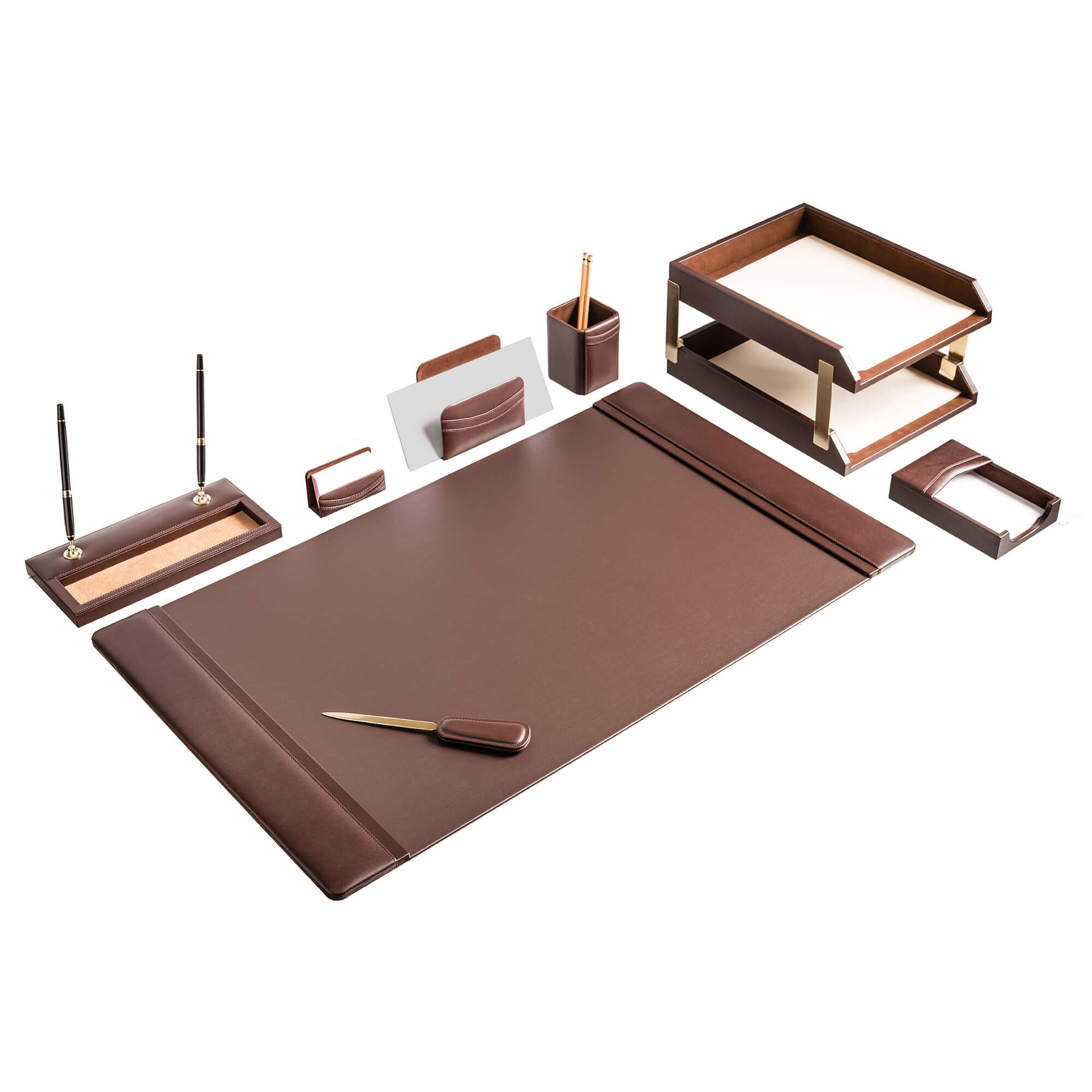 Chocolate Brown Leather Desk Set, 10pc