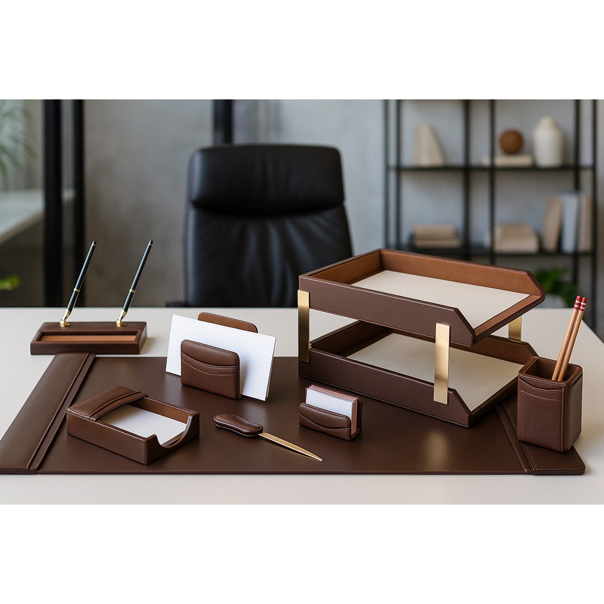 Chocolate Brown Leather Desk Set, 10pc