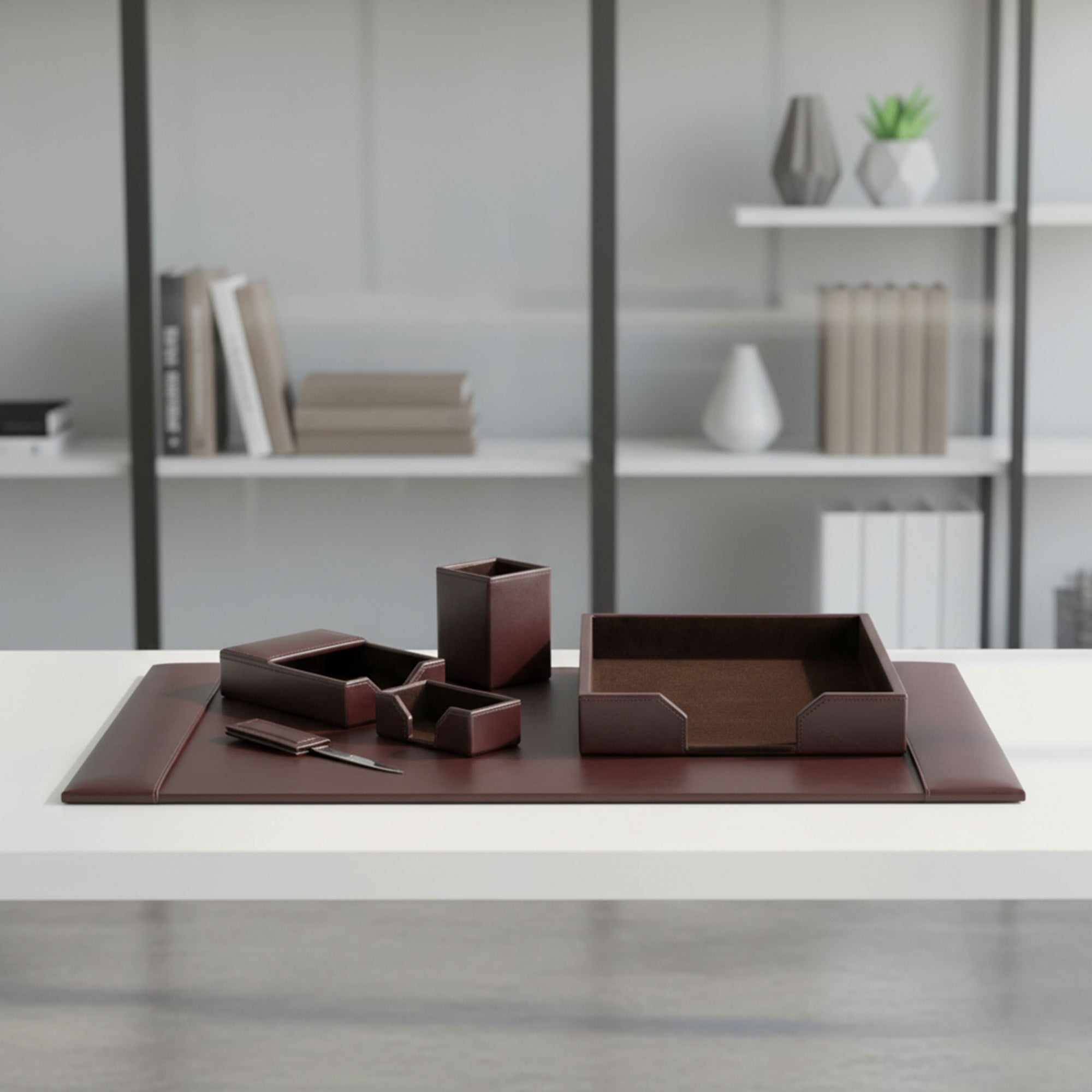 Dark Brown Bonded Leather Desk Set, 6pc