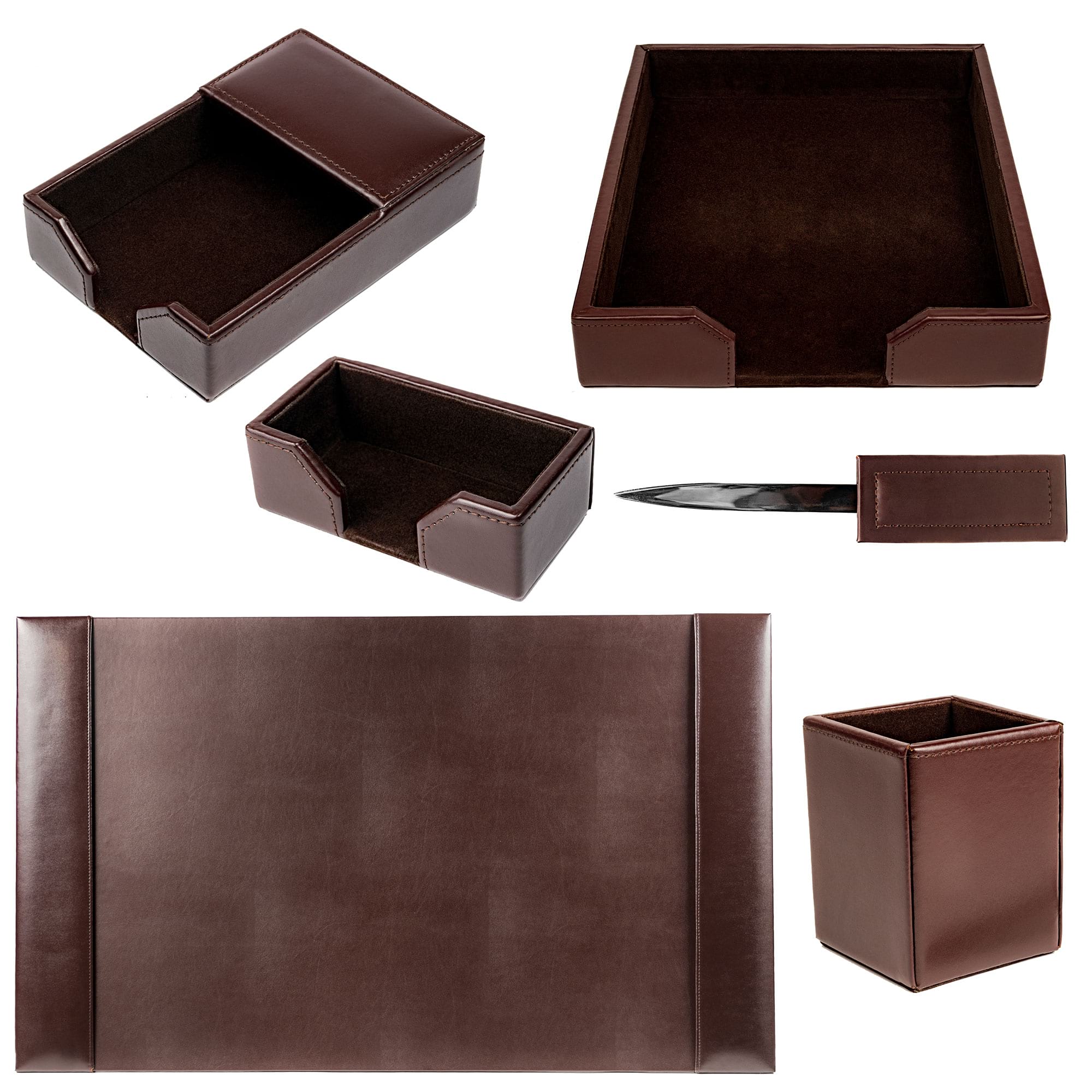 Dark Brown Bonded Leather Desk Set, 6pc