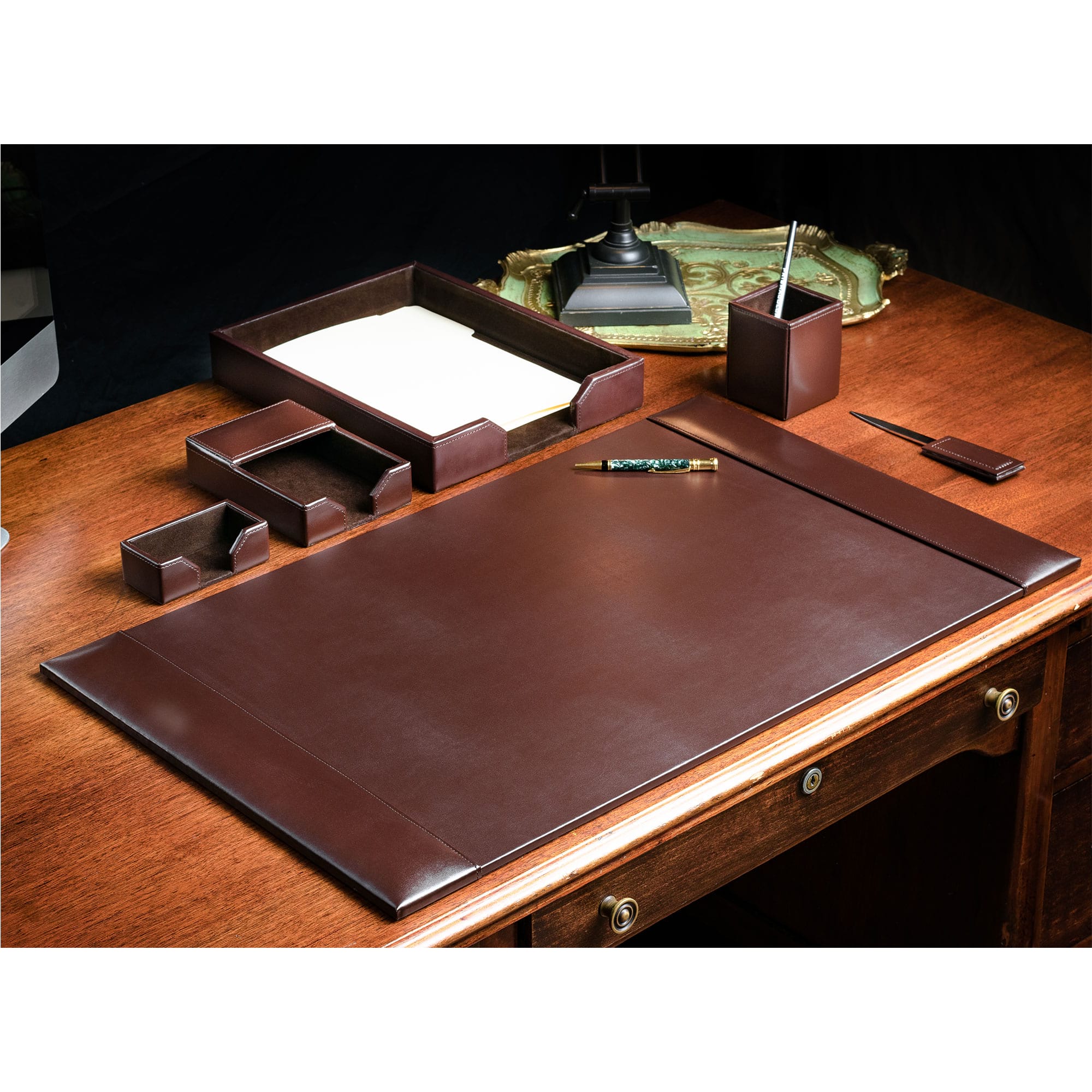 Dark Brown Bonded Leather Desk Set, 6pc