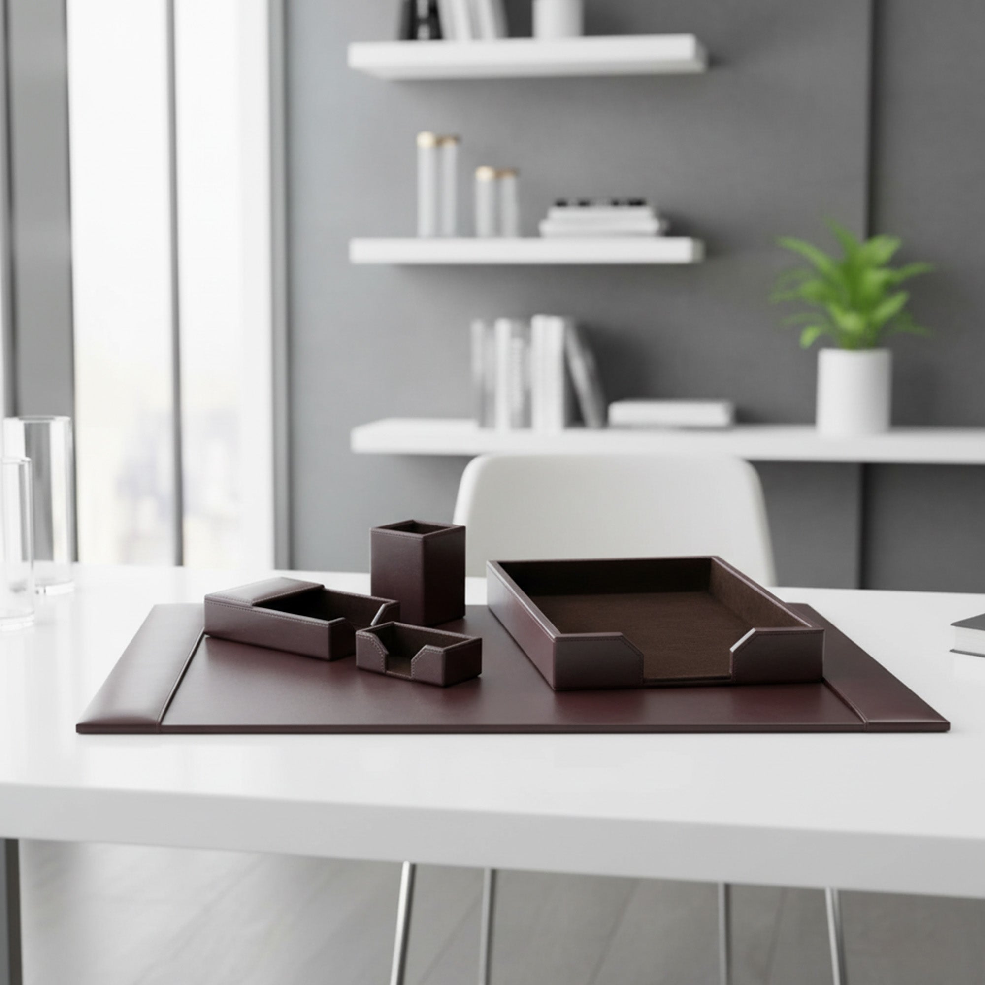 Dark Brown Bonded Leather Desk Set, 5pc