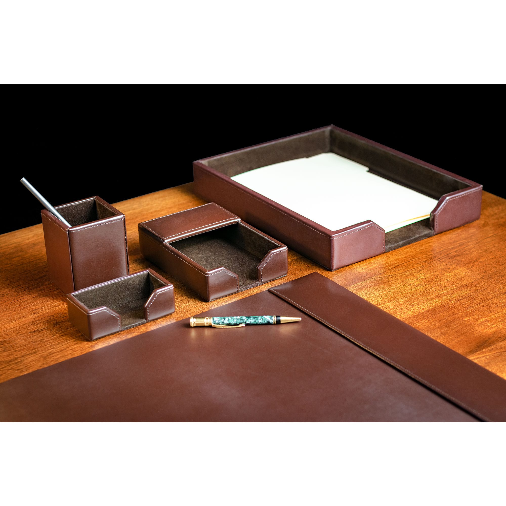 Dark Brown Bonded Leather Desk Set, 5pc