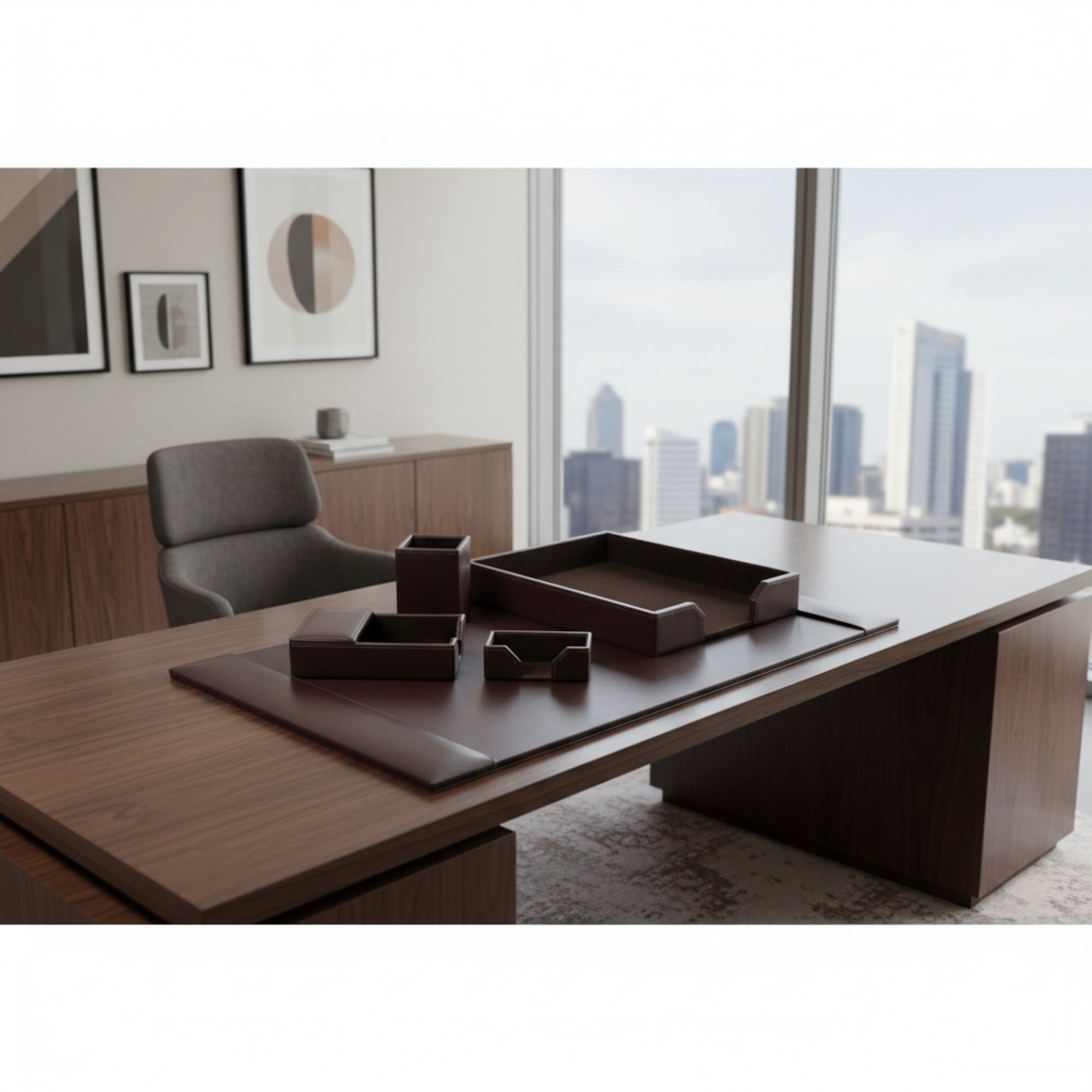 Dark Brown Bonded Leather Desk Set, 5pc