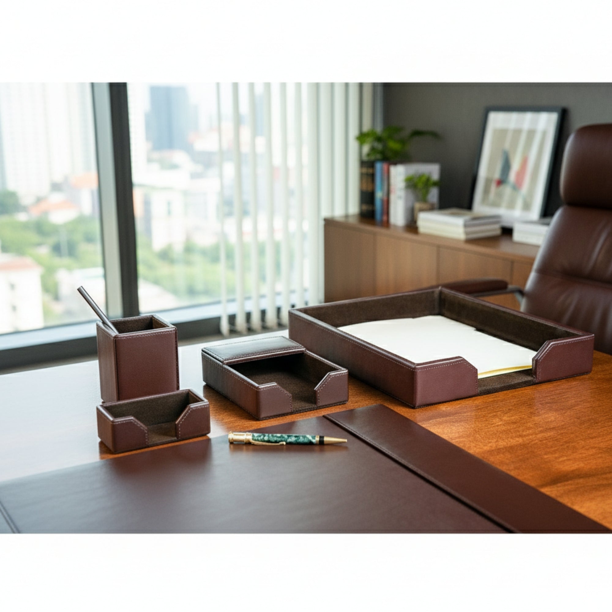 Dark Brown Bonded Leather Desk Set, 5pc