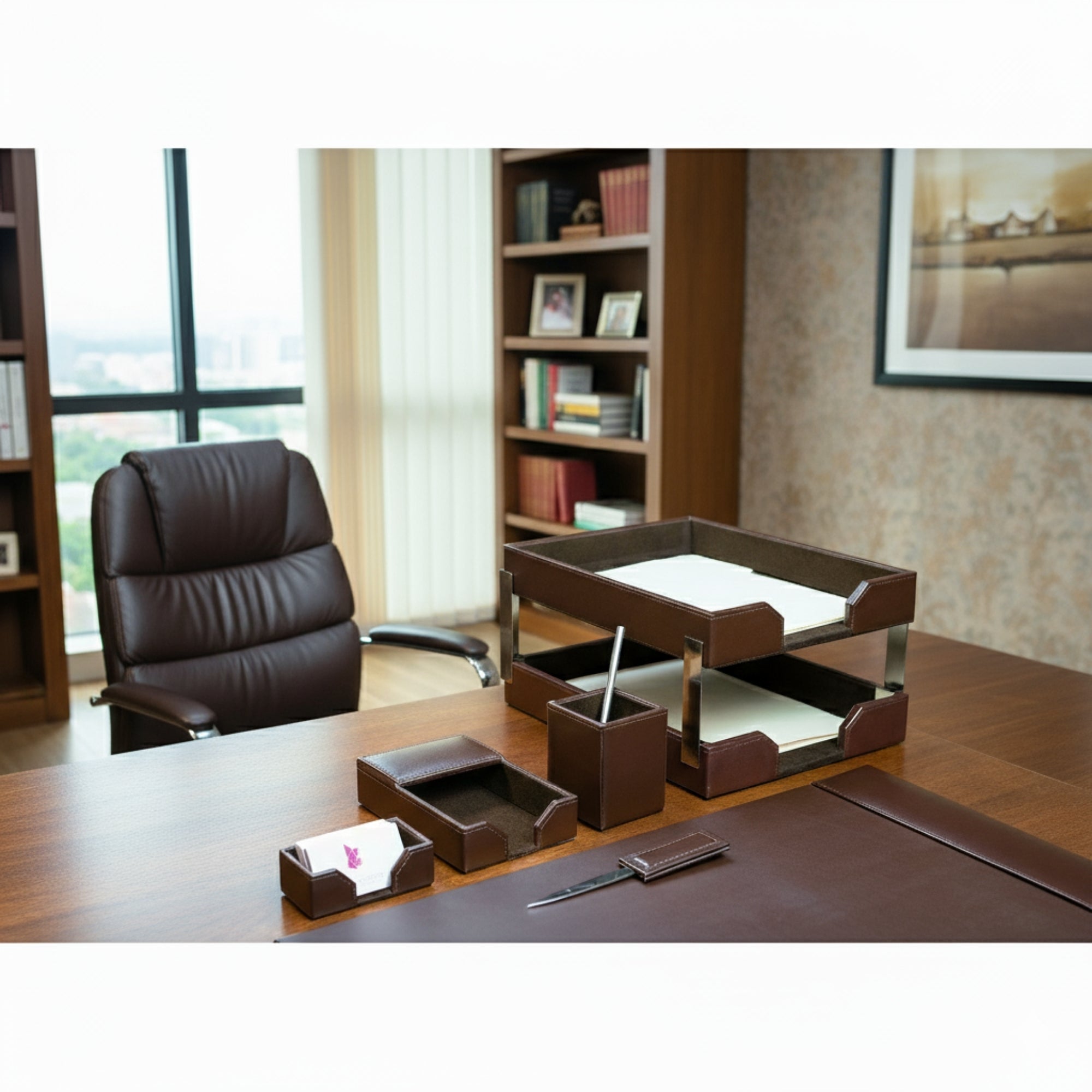Dark Brown Bonded Leather Desk Set, 8pc