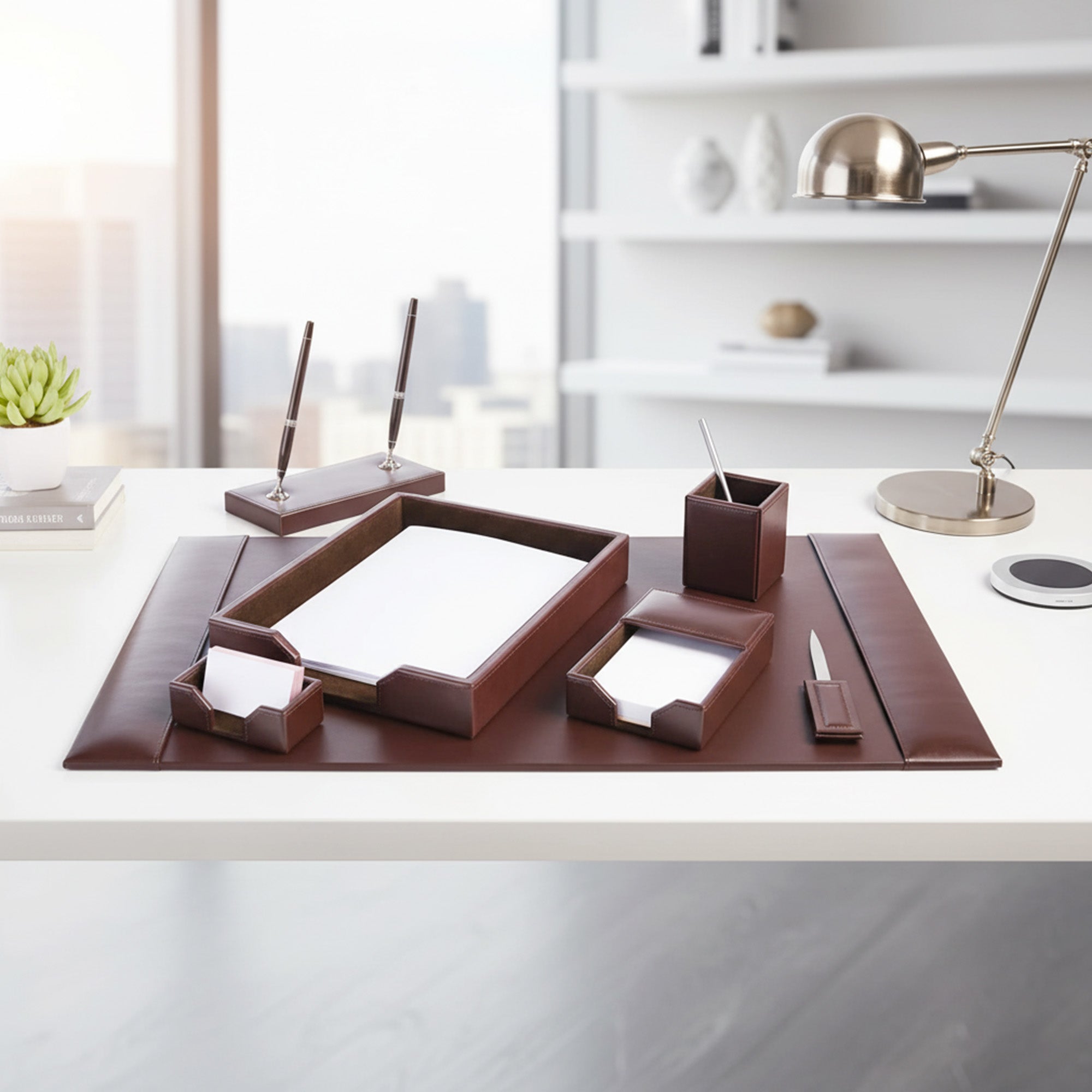 Dark Brown Bonded Leather Desk Set, 7pc