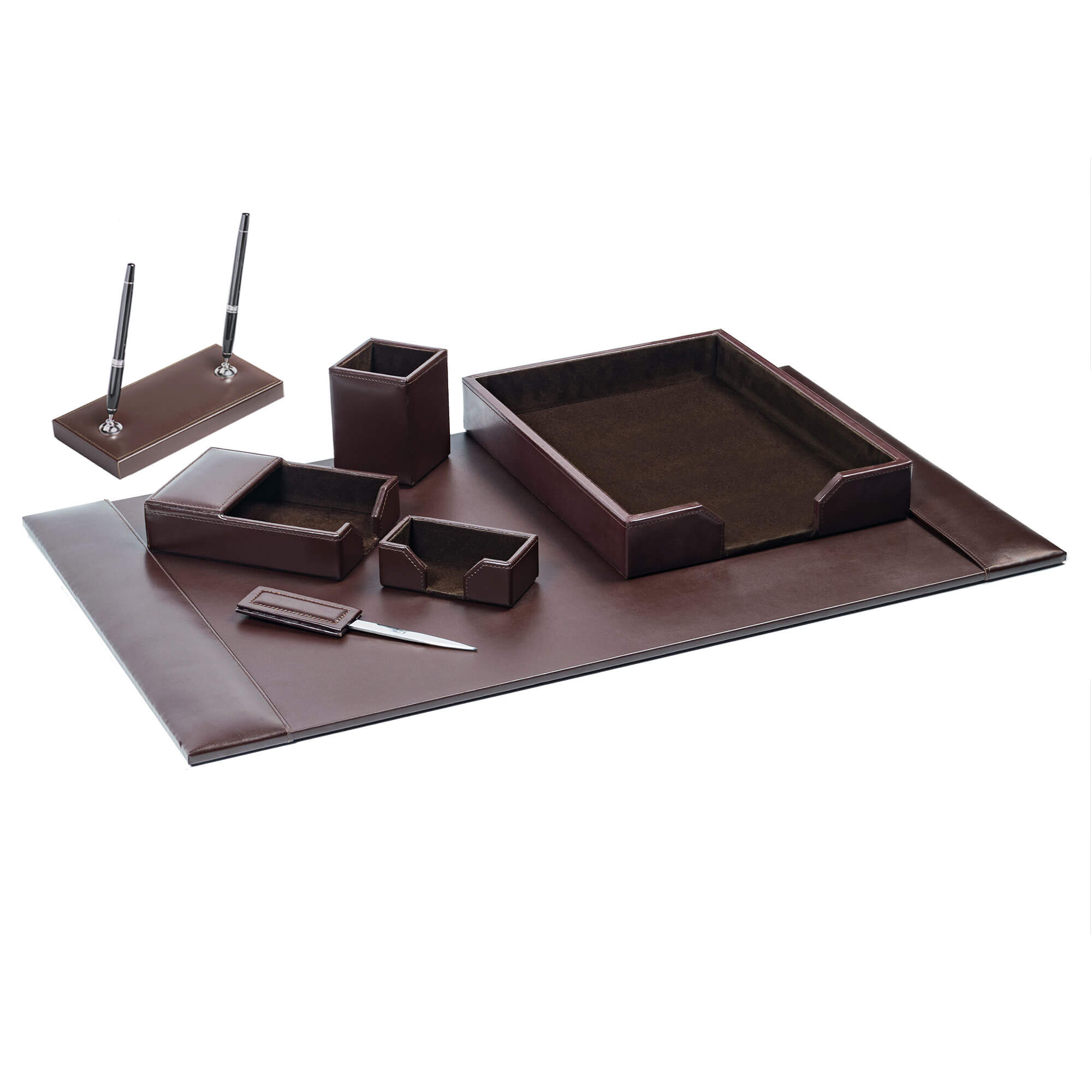 Dark Brown Bonded Leather Desk Set, 7pc