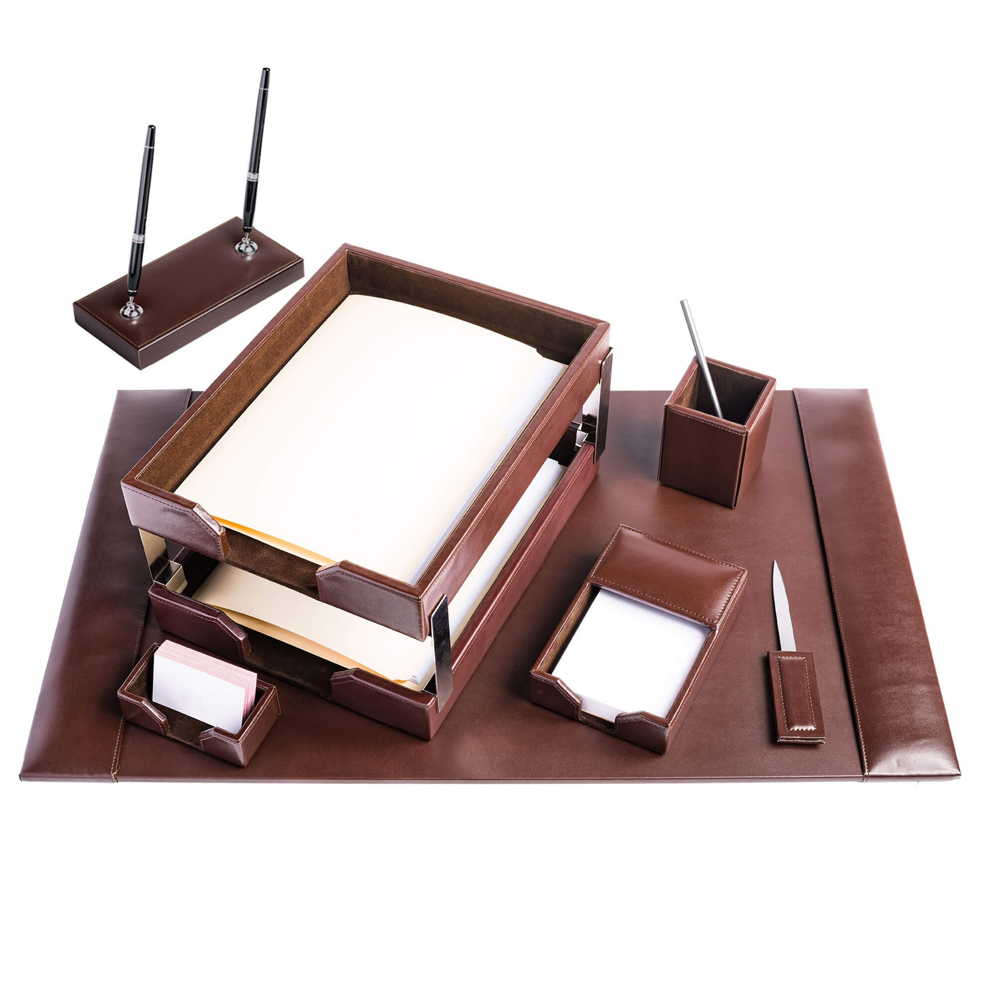Dark Brown Bonded Leather Desk Set, 9pc