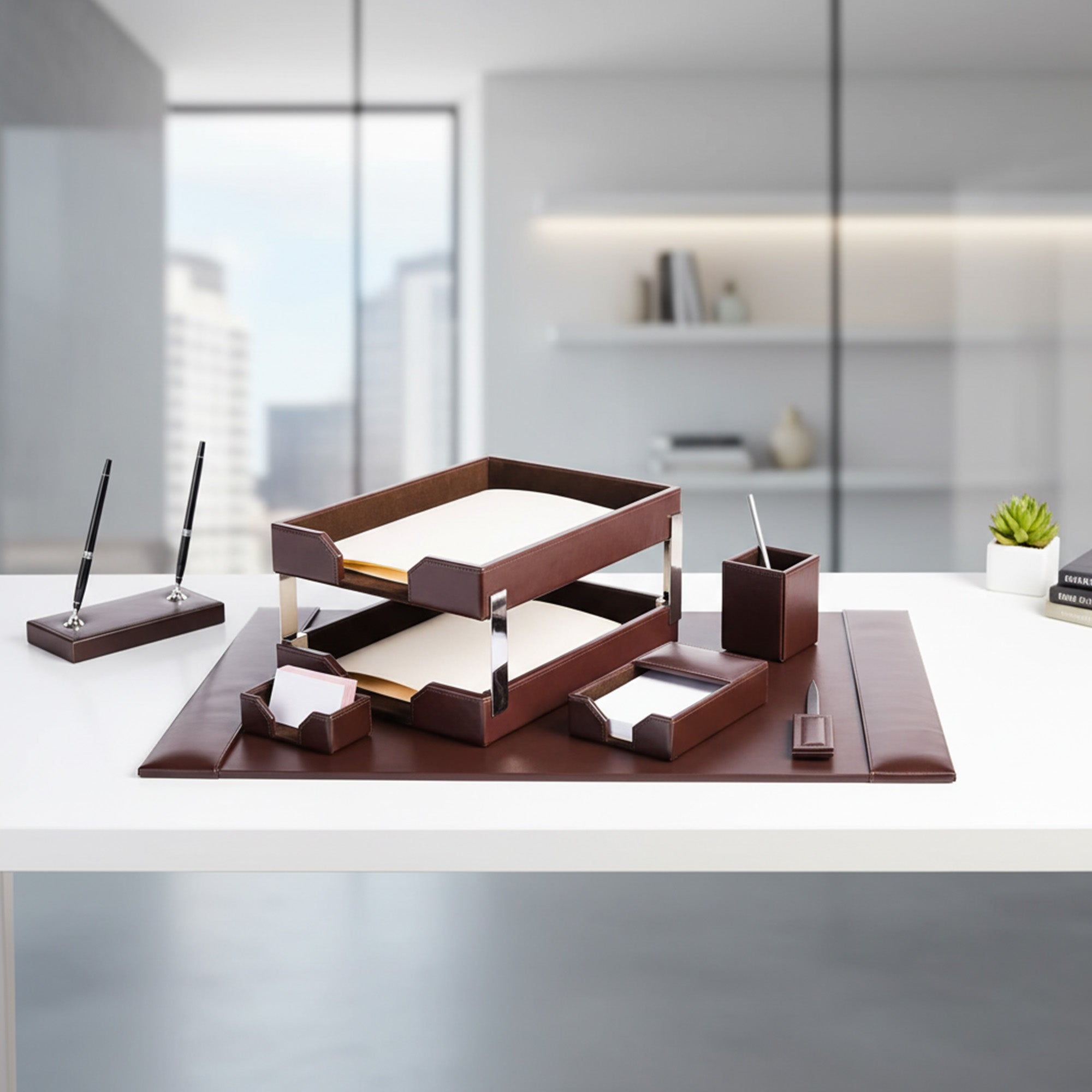 Dark Brown Bonded Leather Desk Set, 9pc