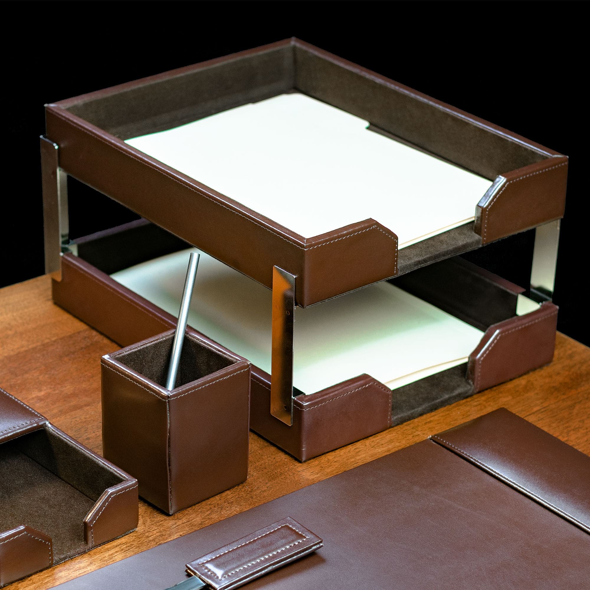 Dark Brown Bonded Leather Desk Set, 9pc