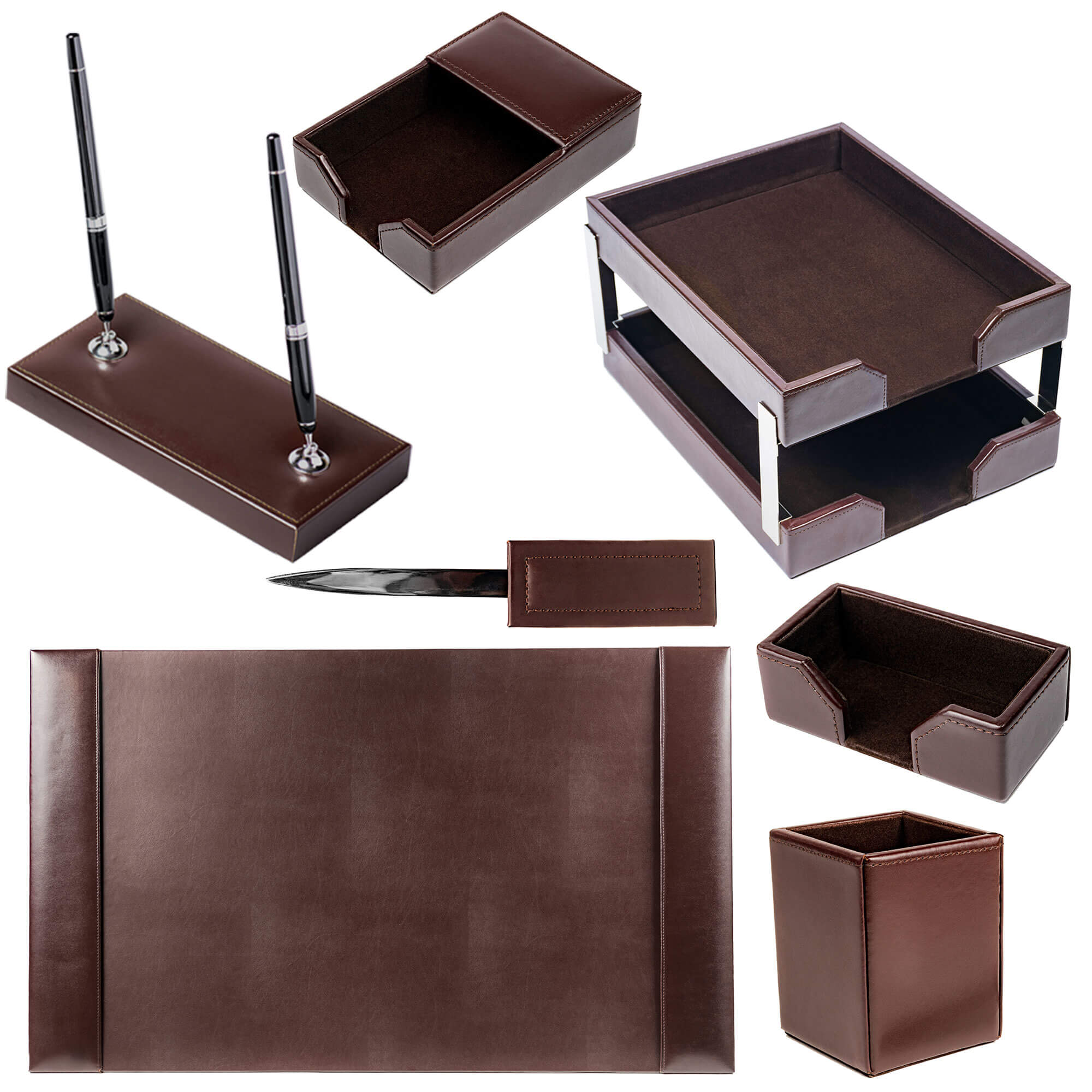 Dark Brown Bonded Leather Desk Set, 9pc