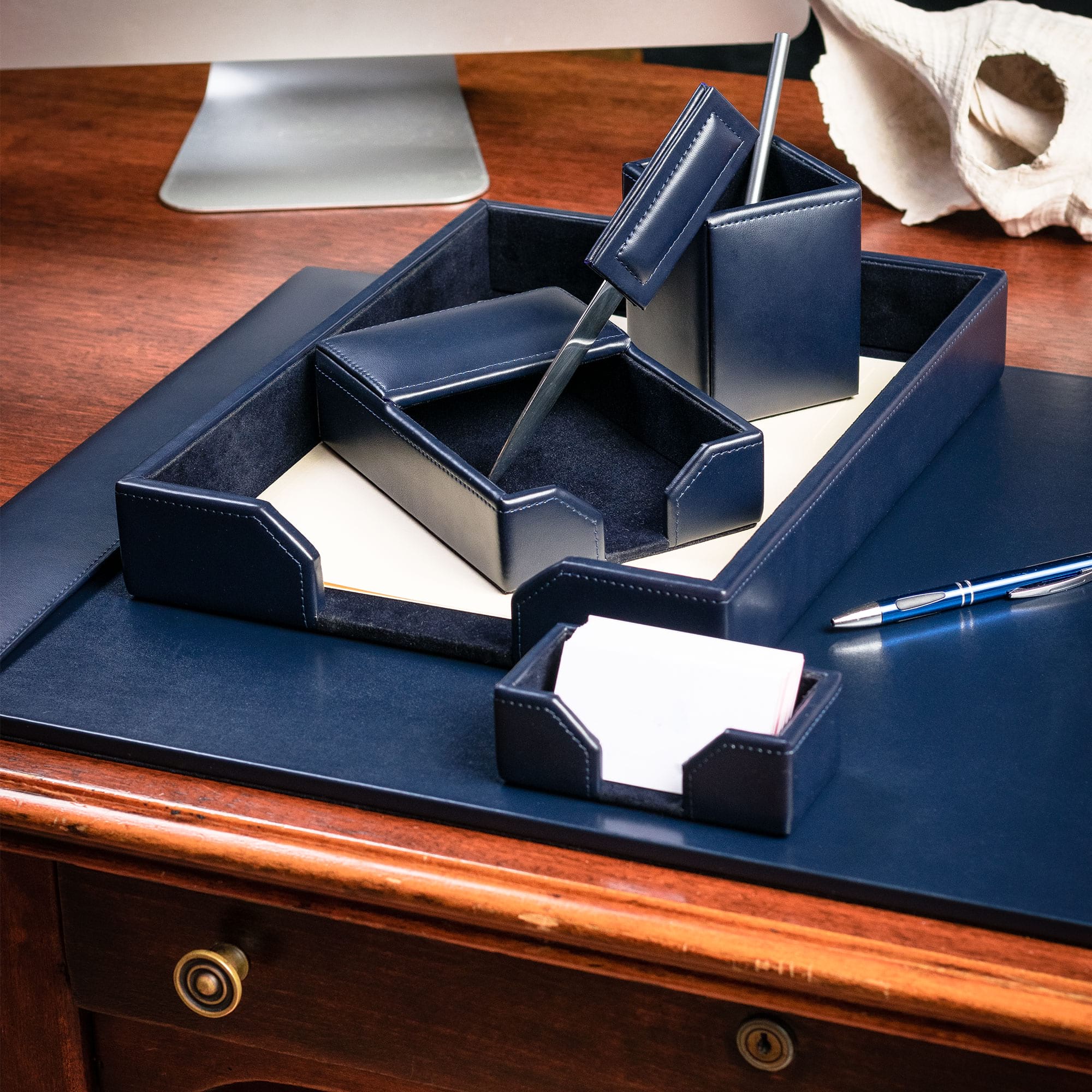 Navy Blue Bonded Leather Desk Set, 6pc