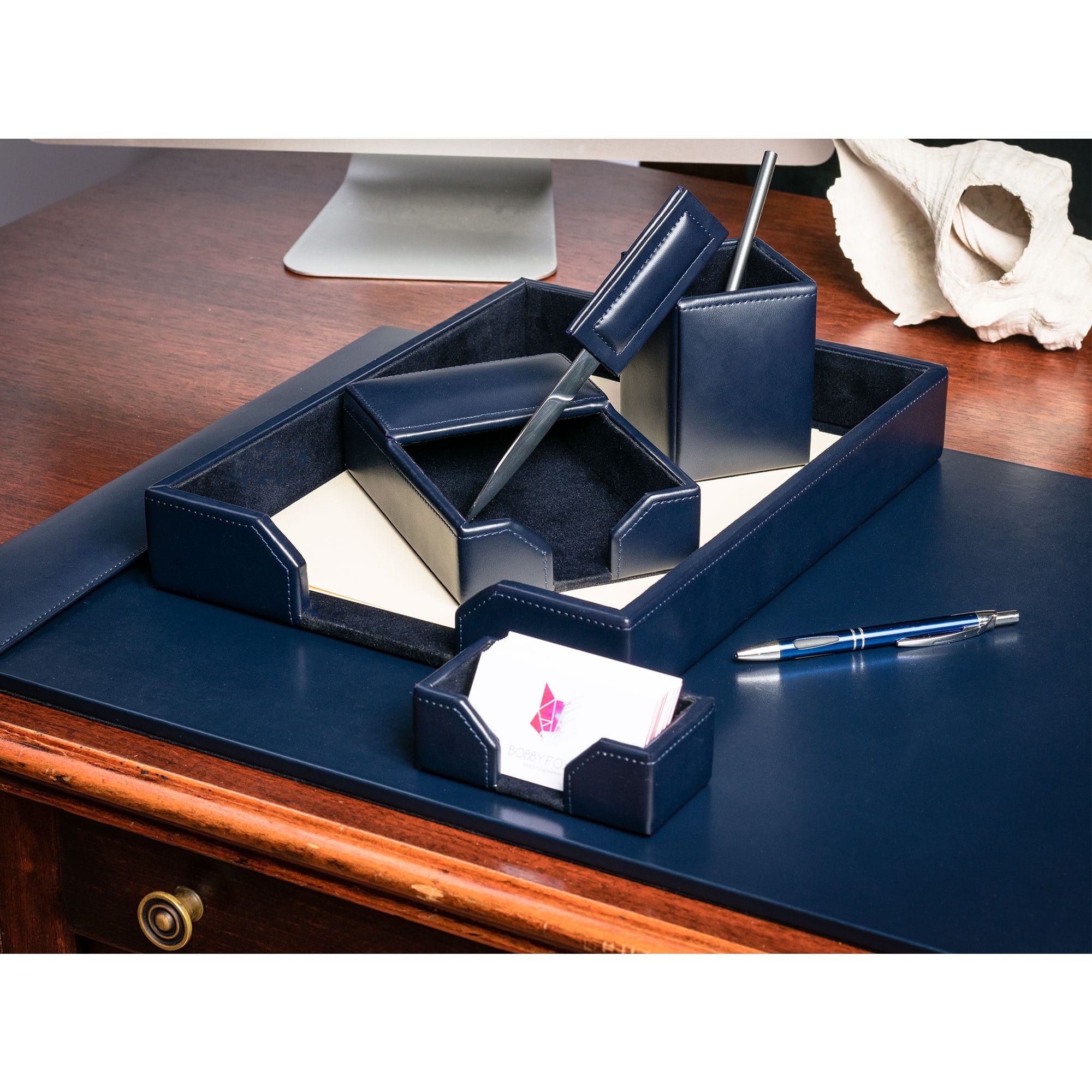 Navy Blue Bonded Leather Desk Set, 6pc