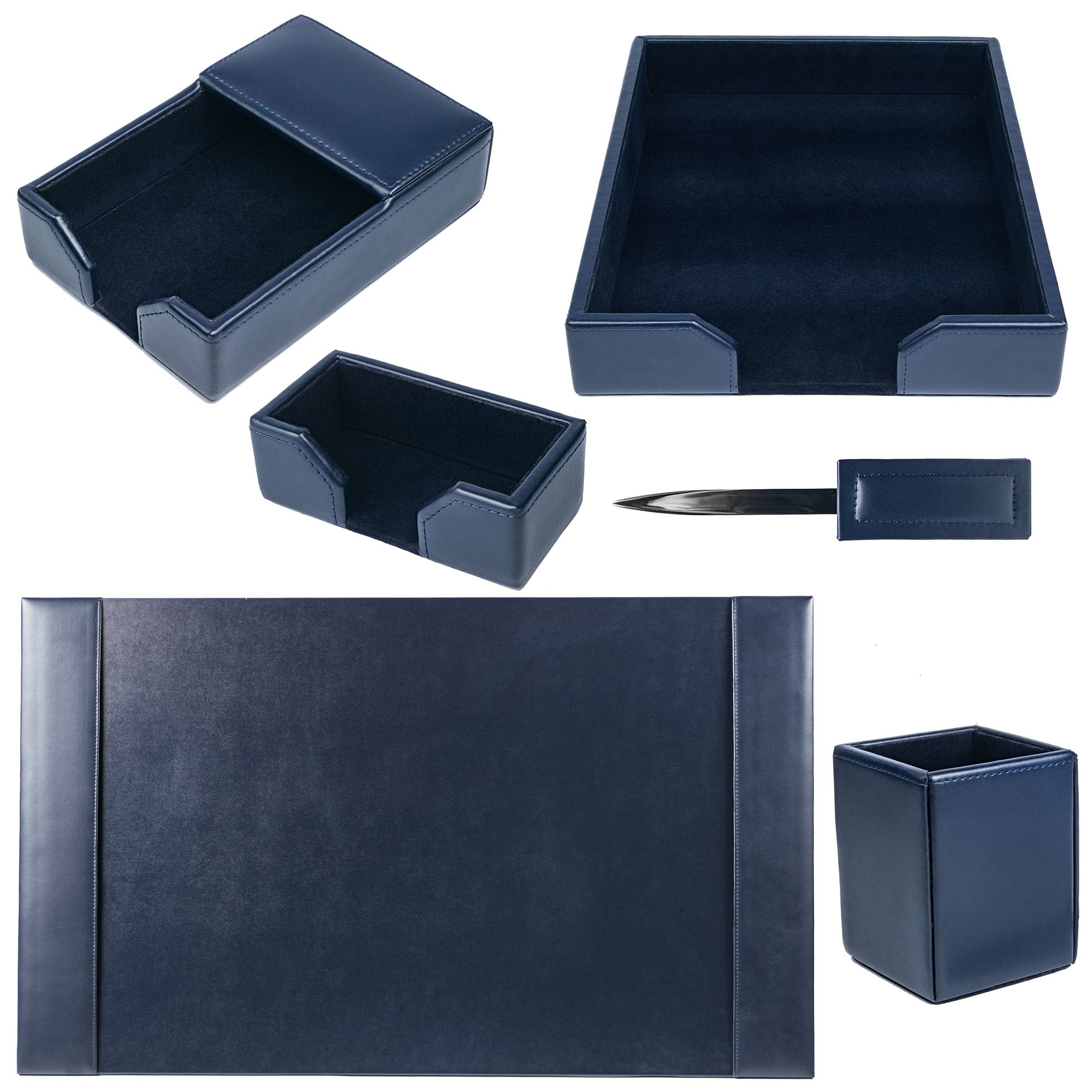 Navy Blue Bonded Leather Desk Set, 6pc