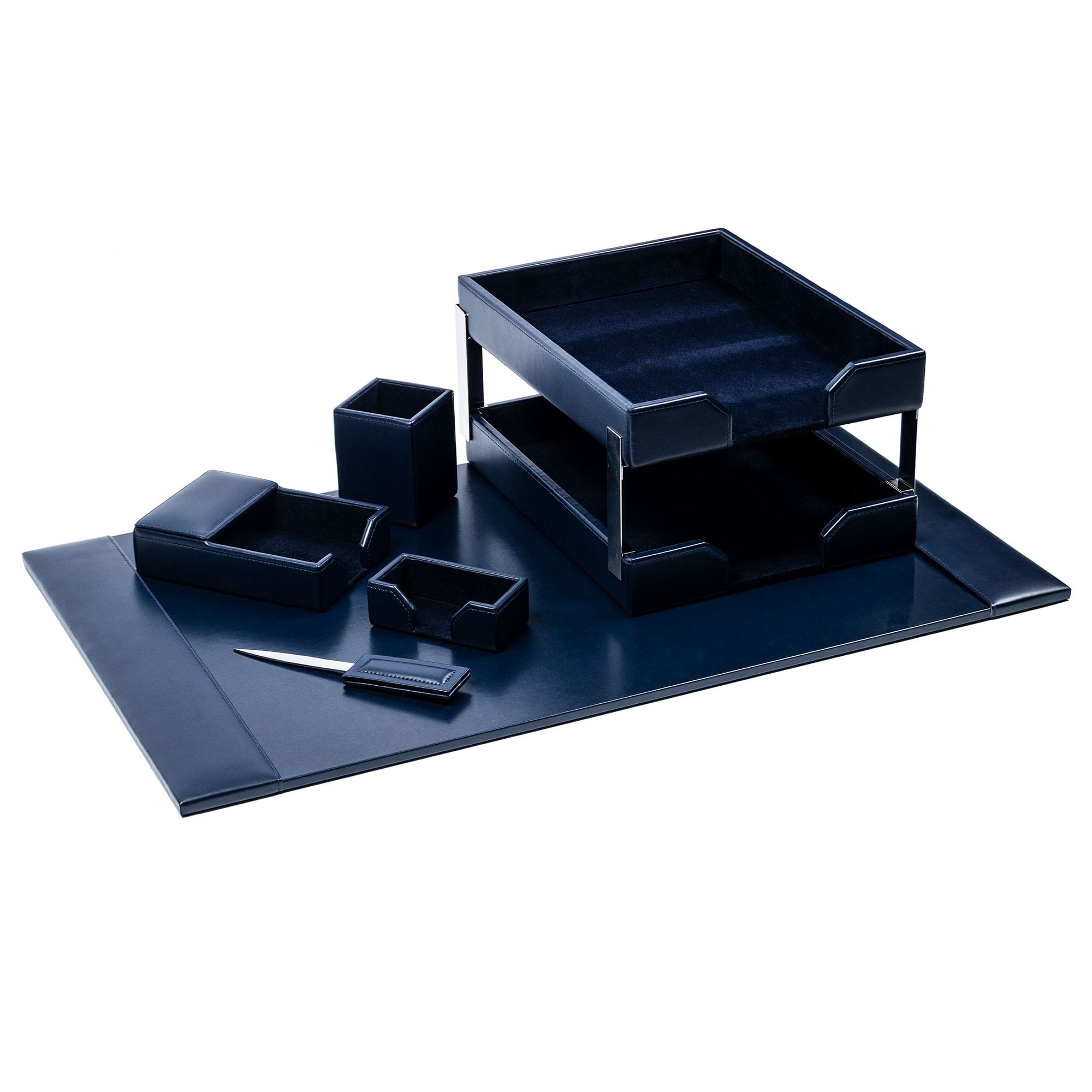 Navy Blue Bonded Leather Desk Set, 8pc