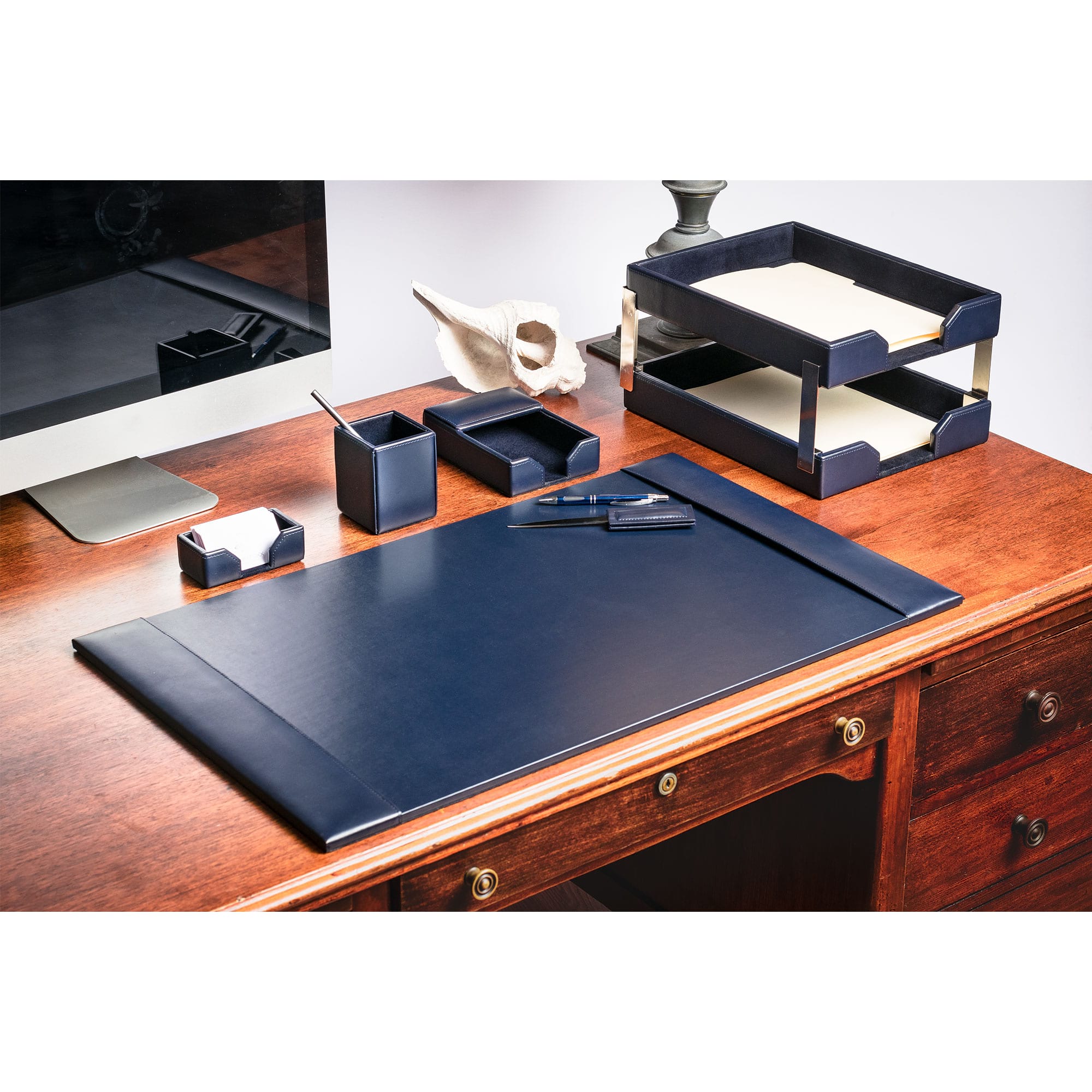 Navy Blue Bonded Leather Desk Set, 8pc