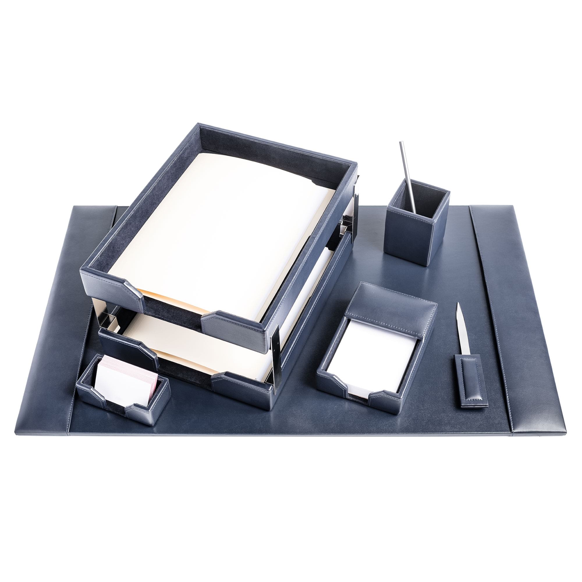 Navy Blue Bonded Leather Desk Set, 8pc