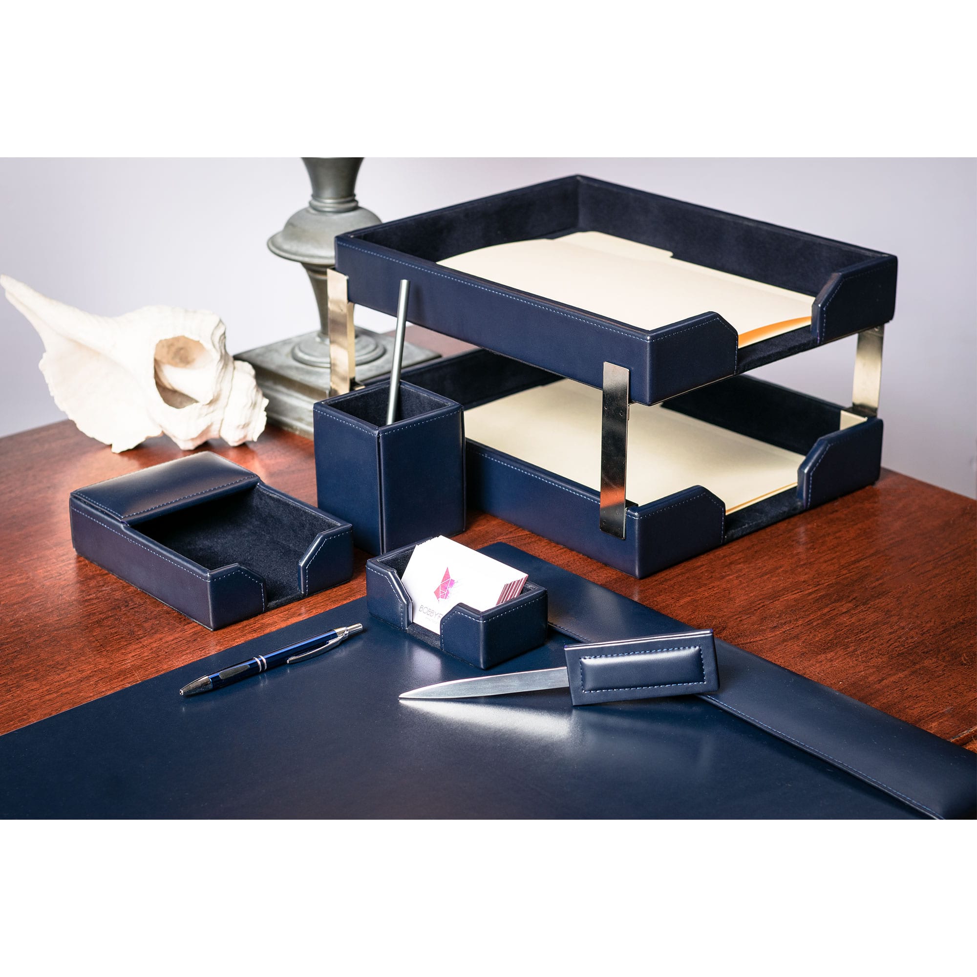 Navy Blue Bonded Leather Desk Set, 8pc