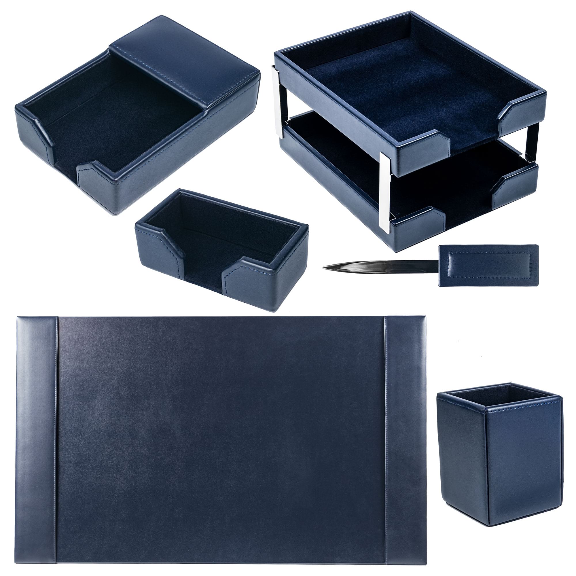 Navy Blue Bonded Leather Desk Set, 8pc