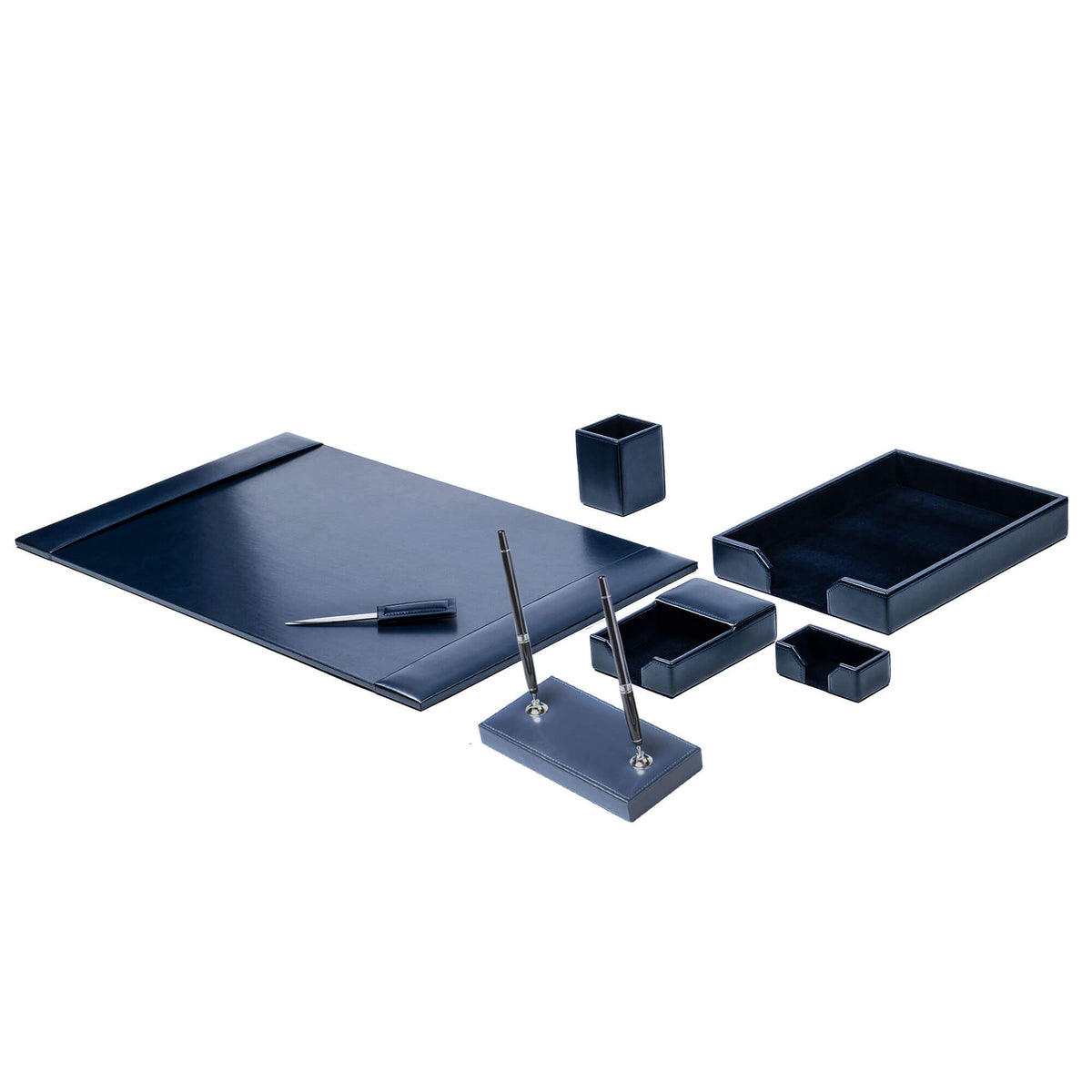Navy Blue Bonded Leather Desk Set, 7pc