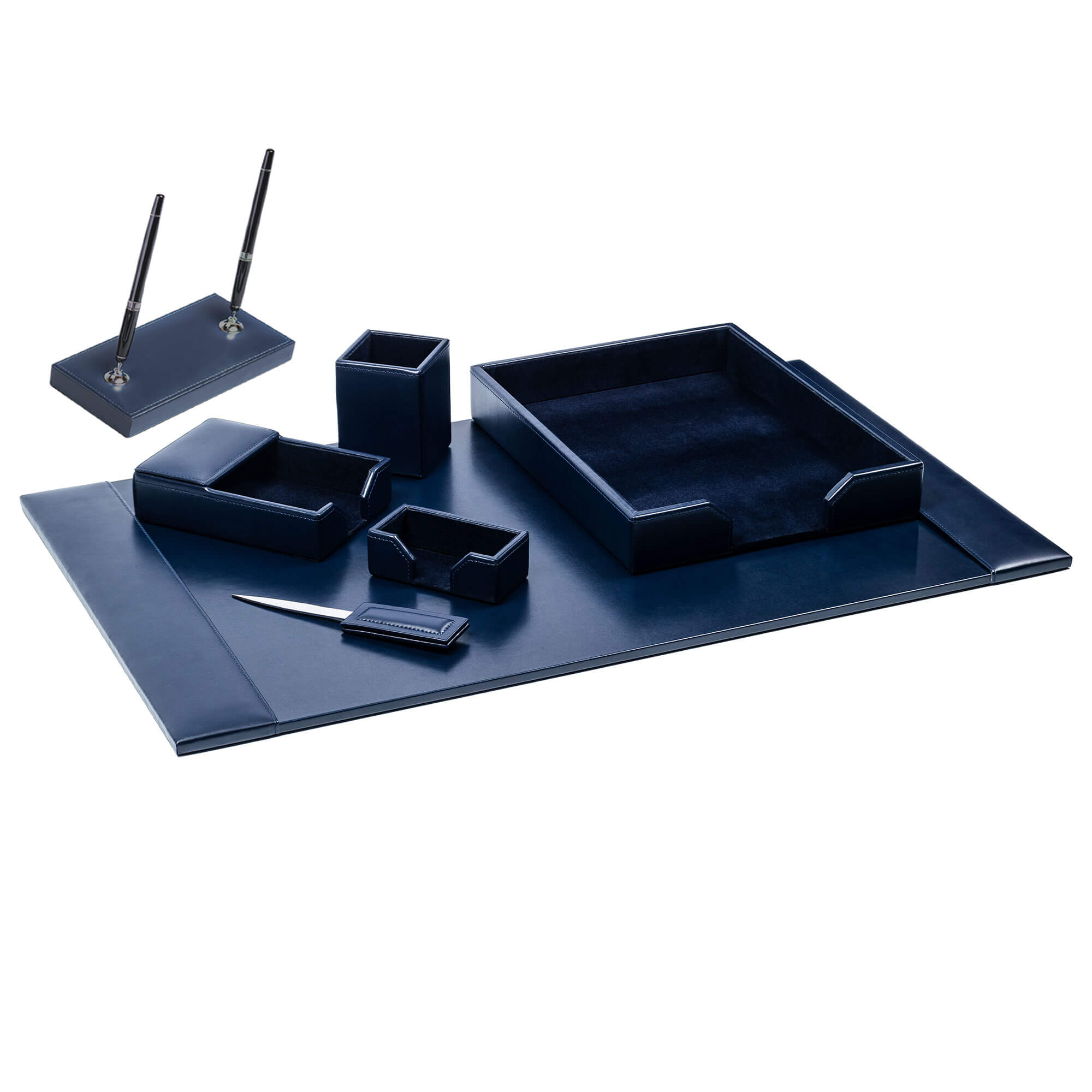 Navy Blue Bonded Leather Desk Set, 7pc