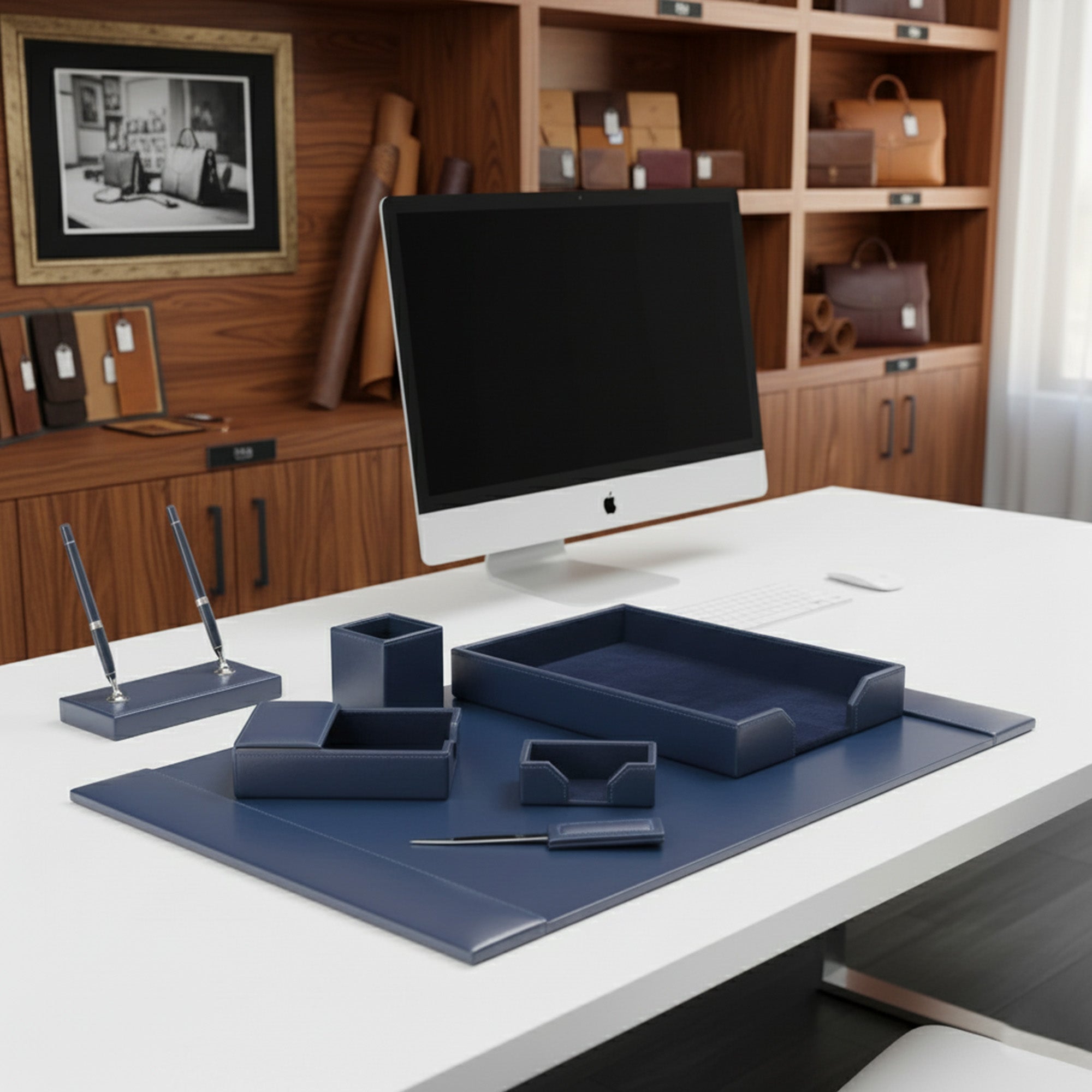 Navy Blue Bonded Leather Desk Set, 7pc