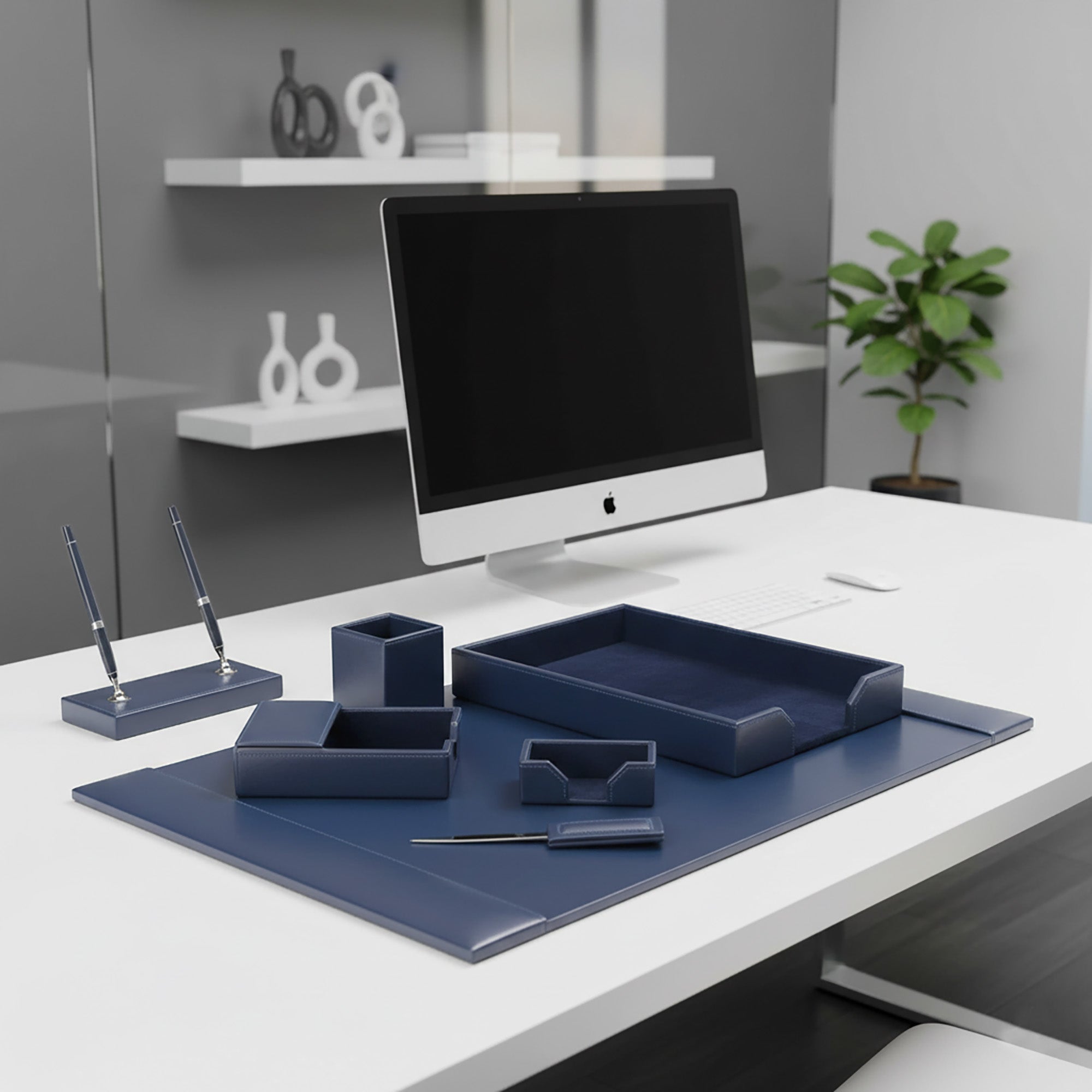 Navy Blue Bonded Leather Desk Set, 7pc