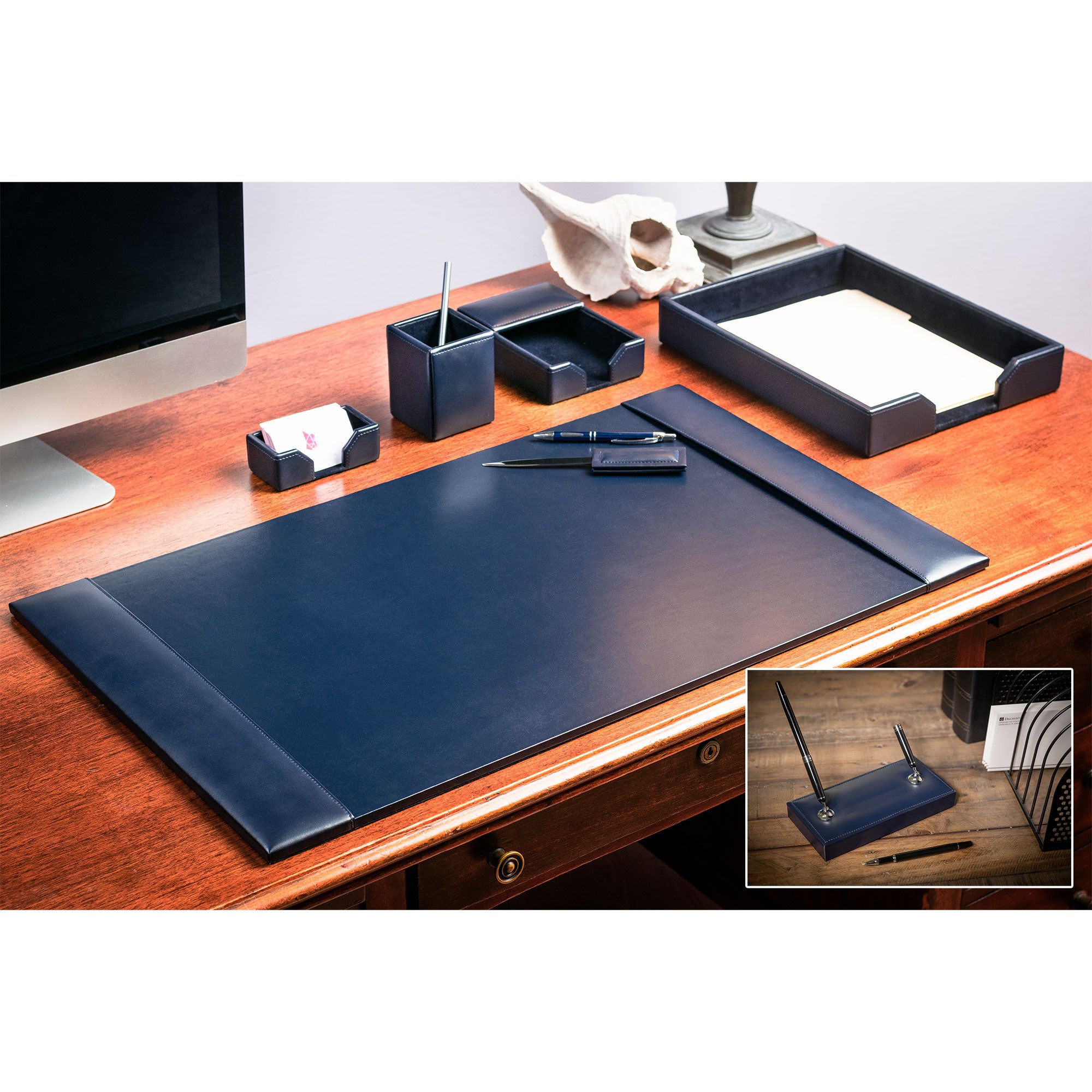 Navy Blue Bonded Leather Desk Set, 7pc