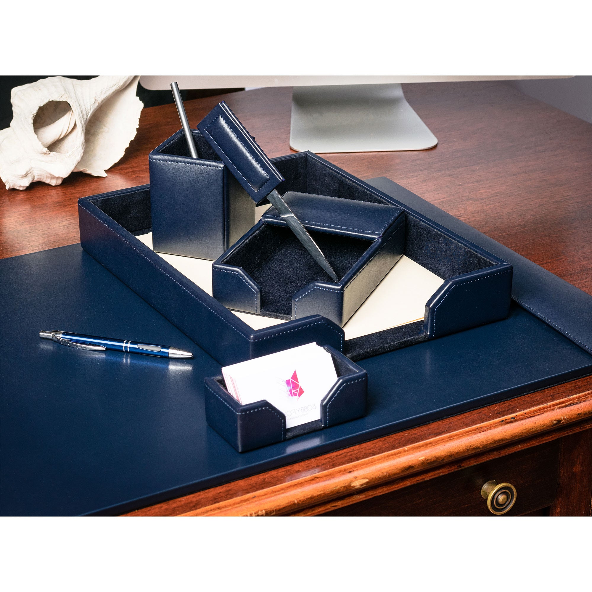 Navy Blue Bonded Leather Desk Set, 7pc